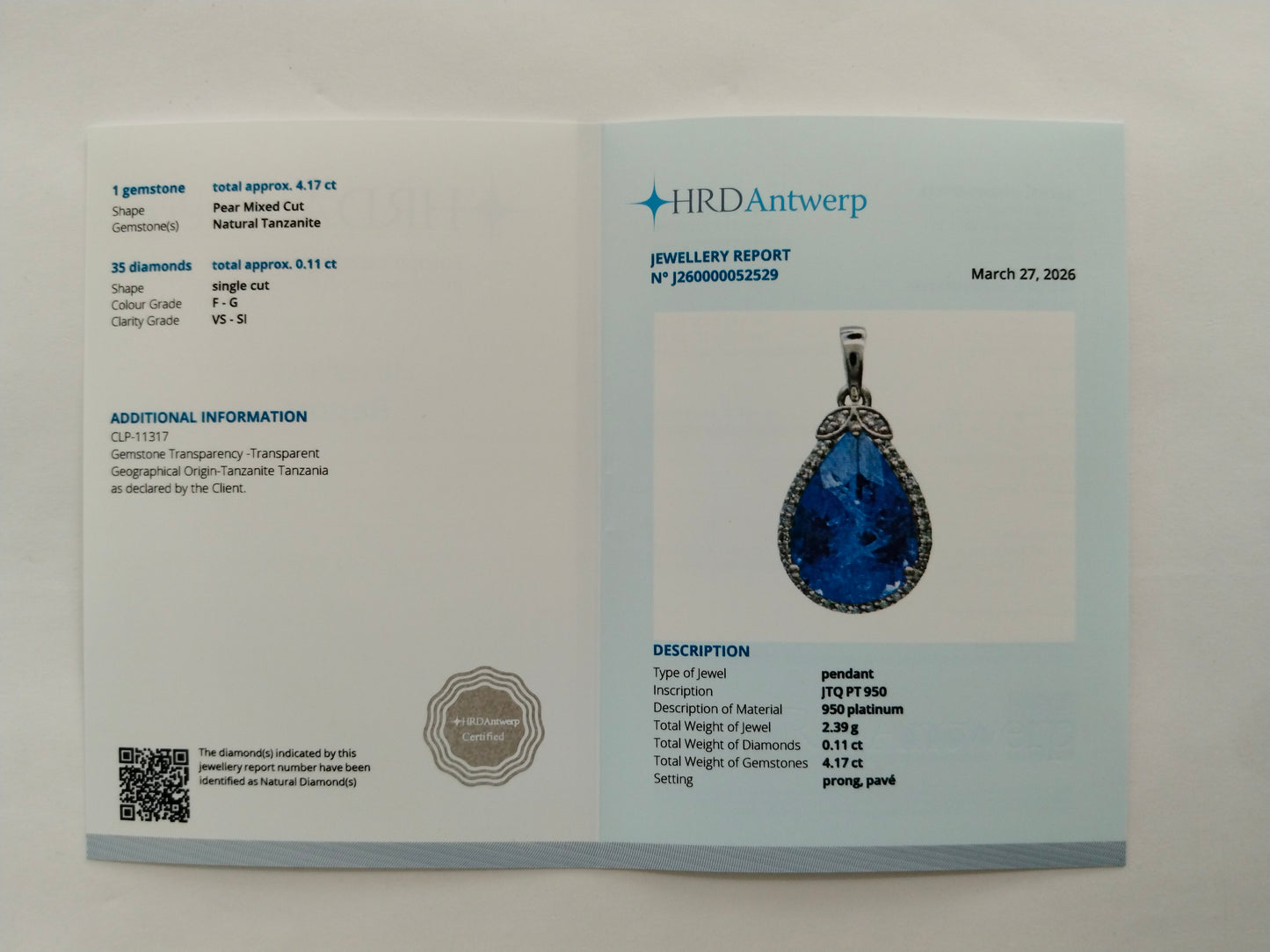 4.28 Ct Pear Mixed Cut Natural Tanzanite 950 Platinum Pendant