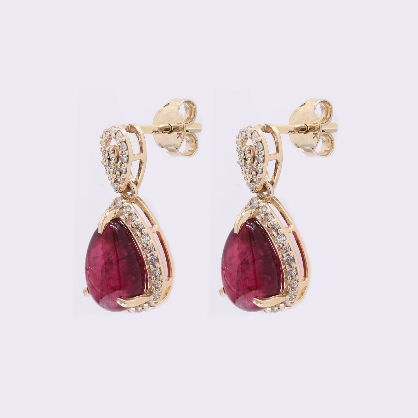 4.00 Ct Pear Cabochon Natural Rubellite 14K Gold Earrings