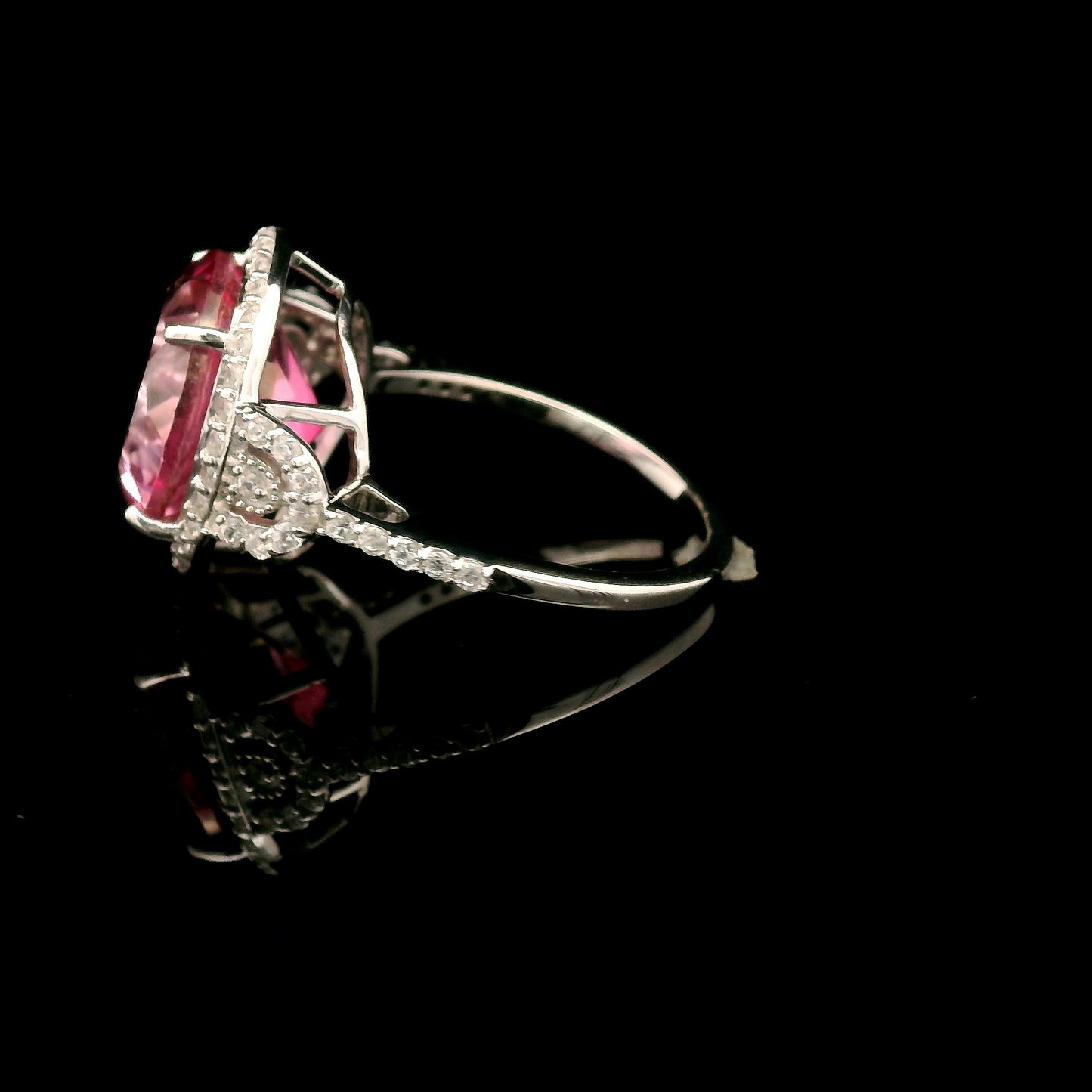 9.35 Ct Round Pink Topaz, White Zircon 925 Sterling Silver Ring