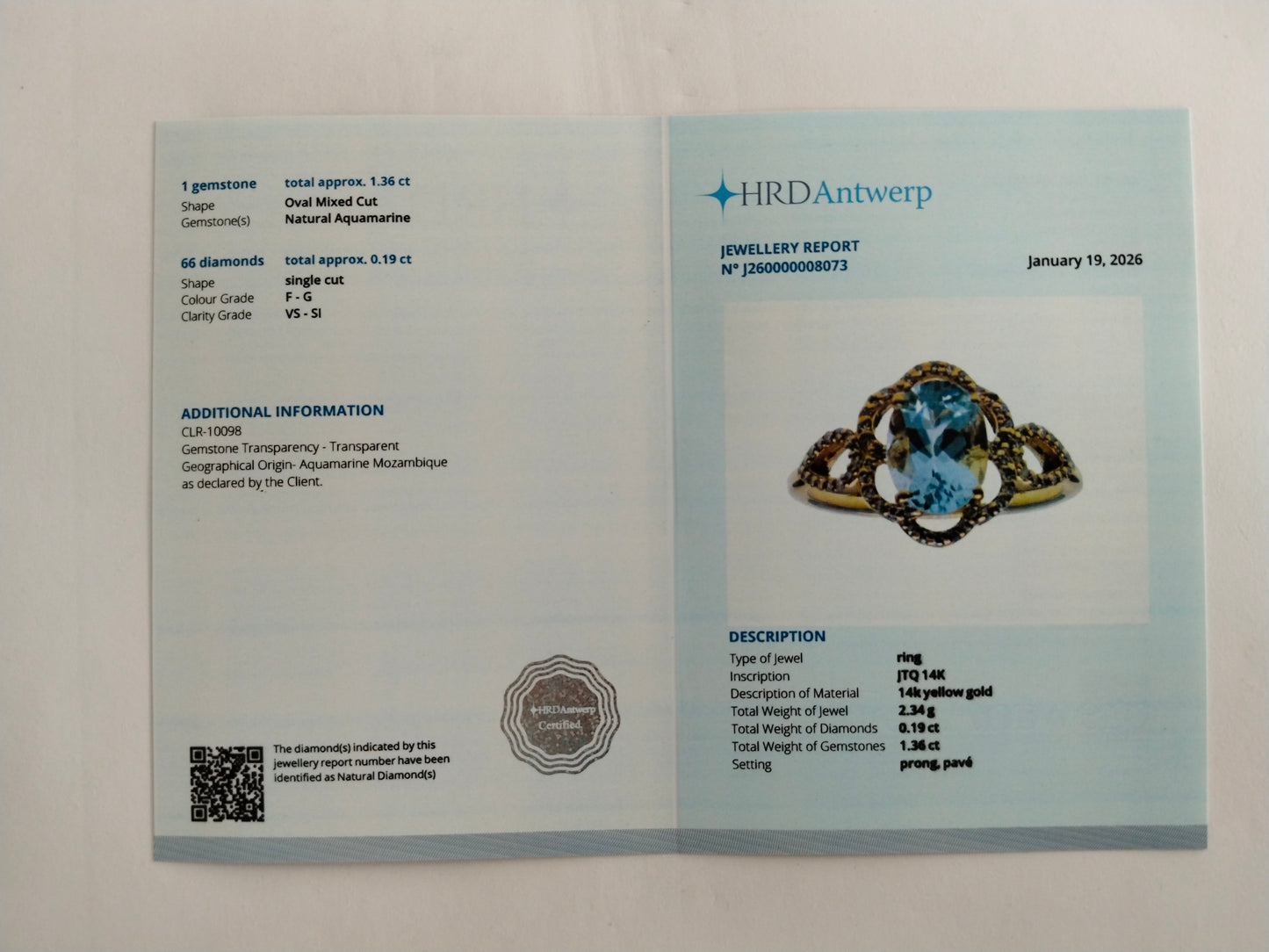 1.55 Ct Oval Mixed Cut Natural Aquamarine 14K Gold Ring