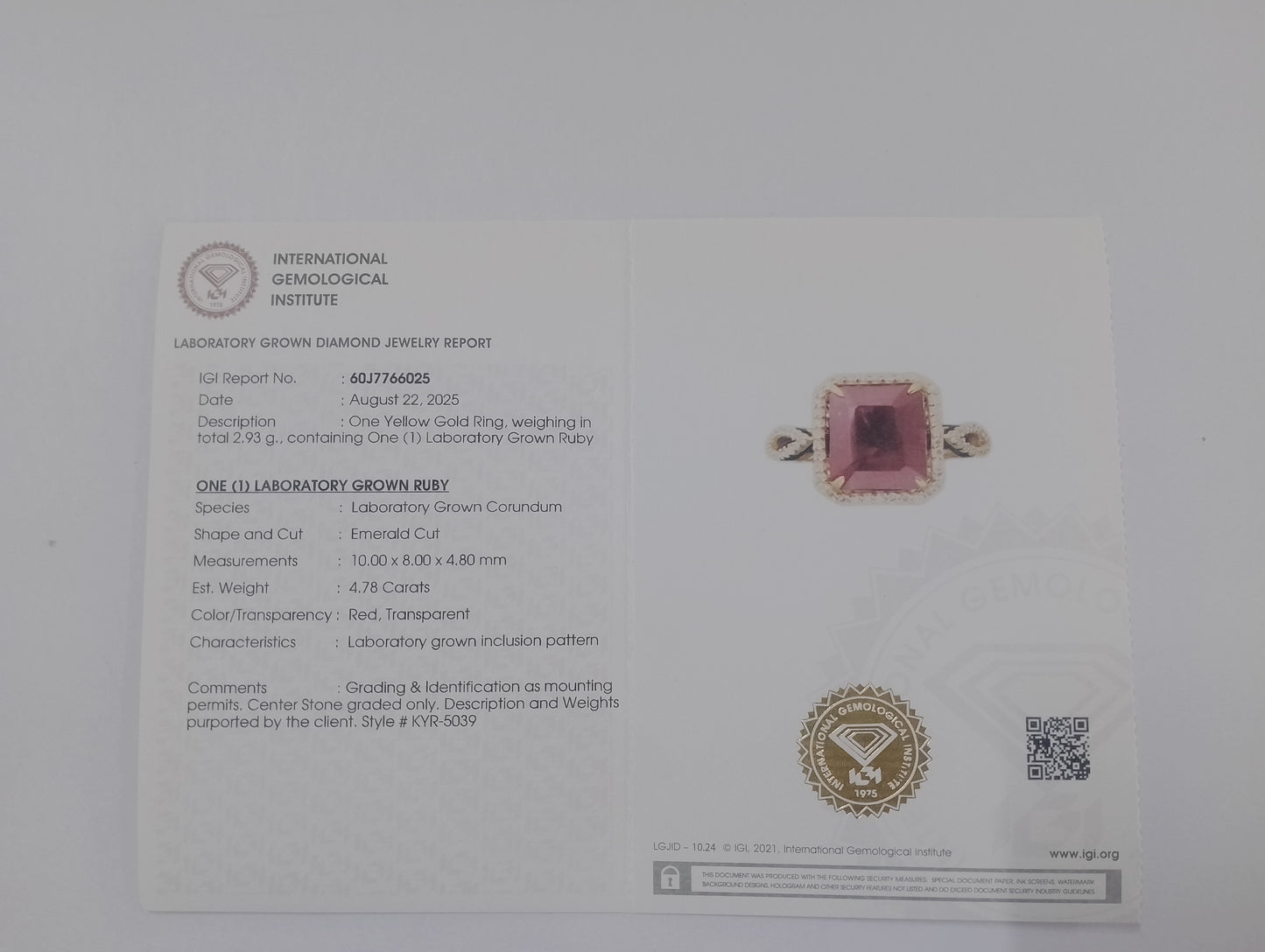 5.03 Ct Emerald Cut Lab Grown Ruby 14K Gold Ring