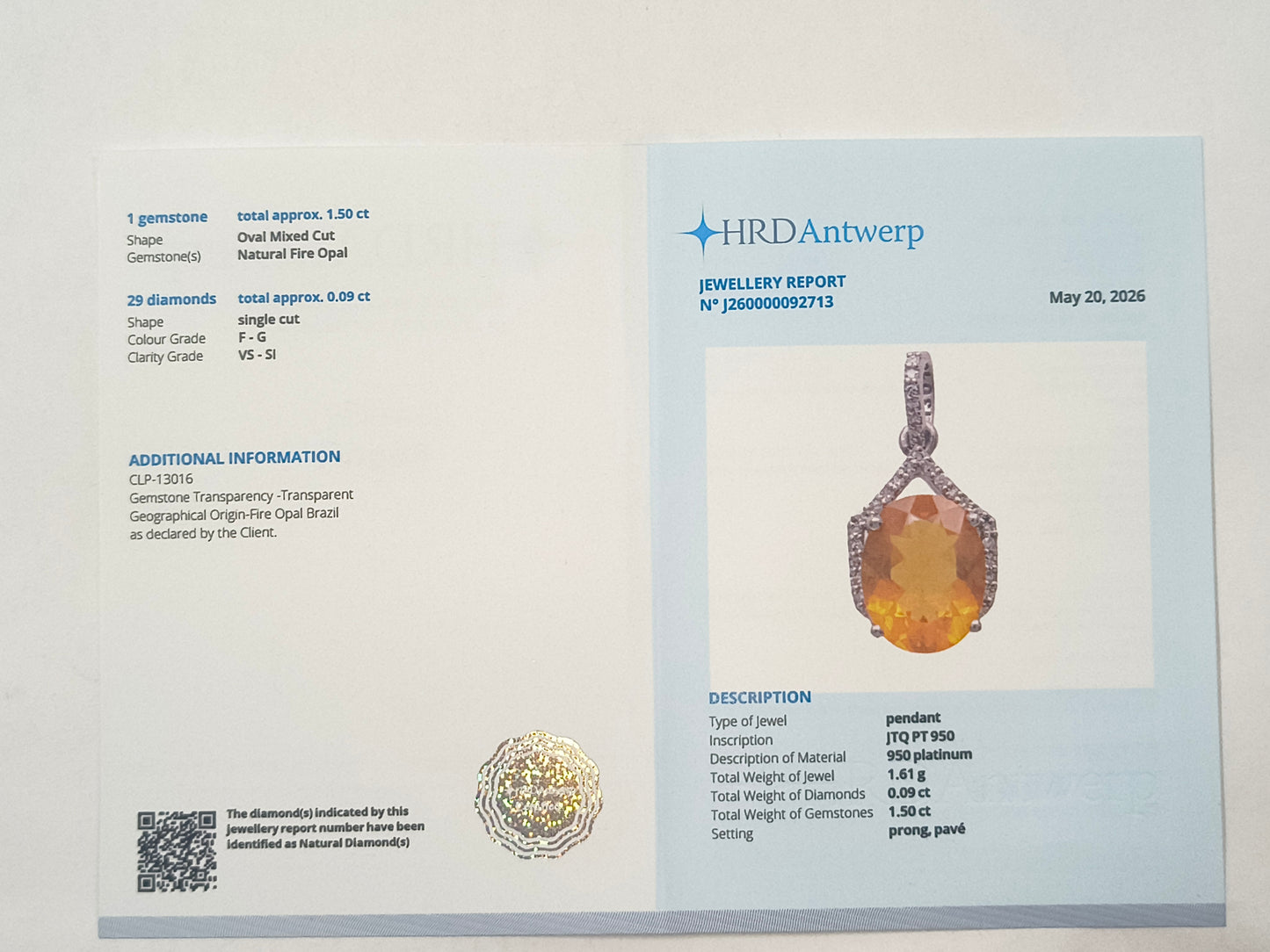 1.59 Ct Oval Fire Opal 950 Platinum Pendant