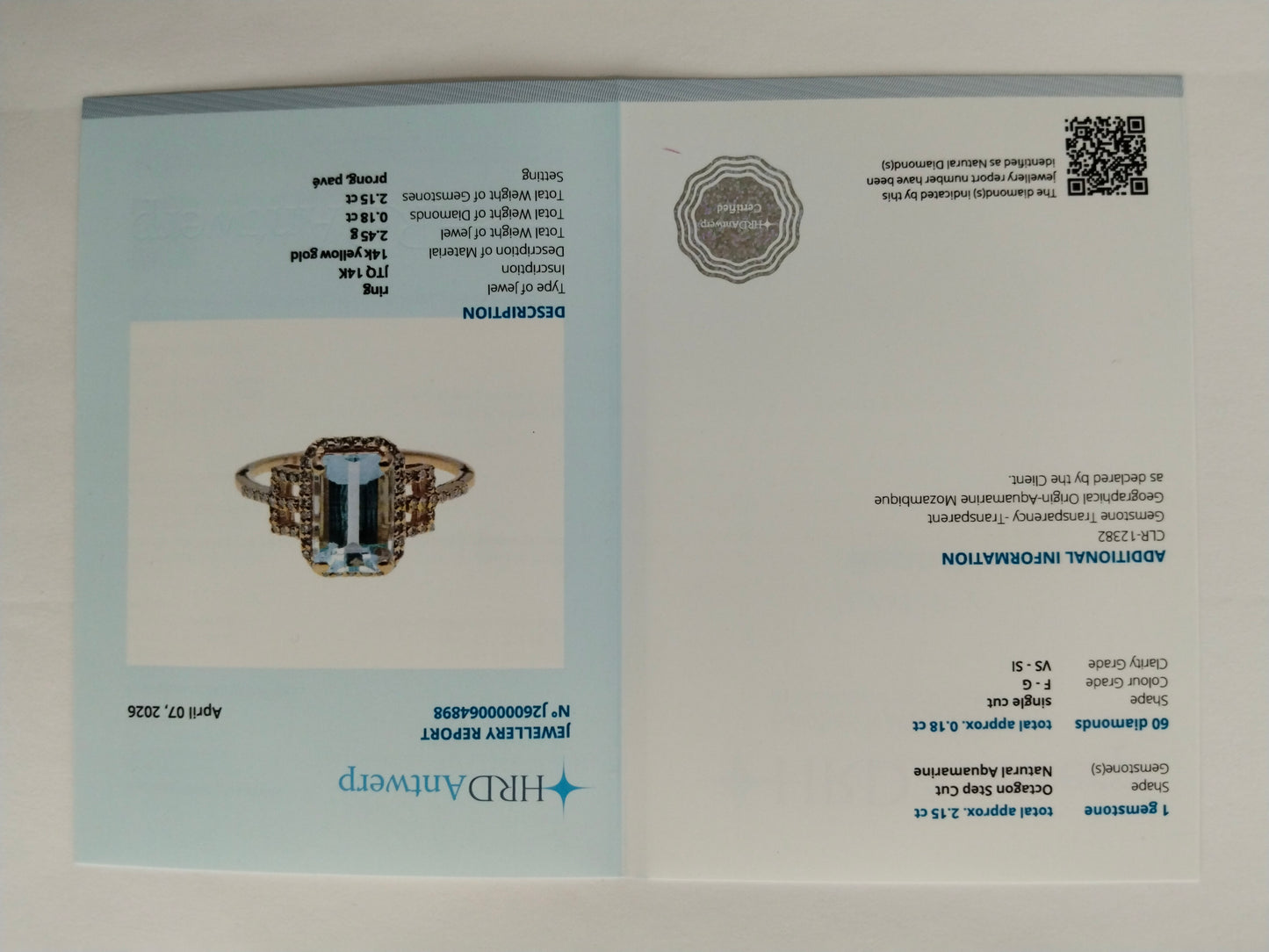 2.33 Ct Octagon Step Cut Natural Aquamarine 14K Gold Ring