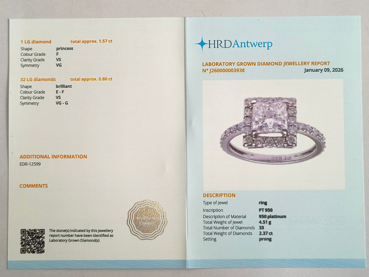 2.37 Carats Lab Grown Diamond 950 Platinum Ring