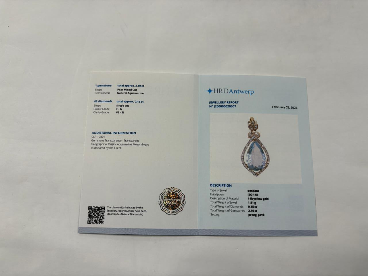 2.24 Ct Pear Mixed Cut Natural Aquamarine 14K Gold Pendant