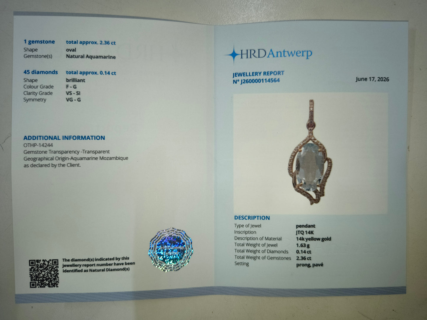 2.50 Ct Oval Natural Aquamarine 14K Gold Pendant