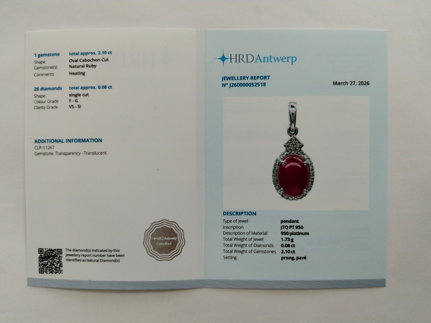 2.18 Ct Oval Cabochon Cut Natural Ruby 950 Platinum Pendant