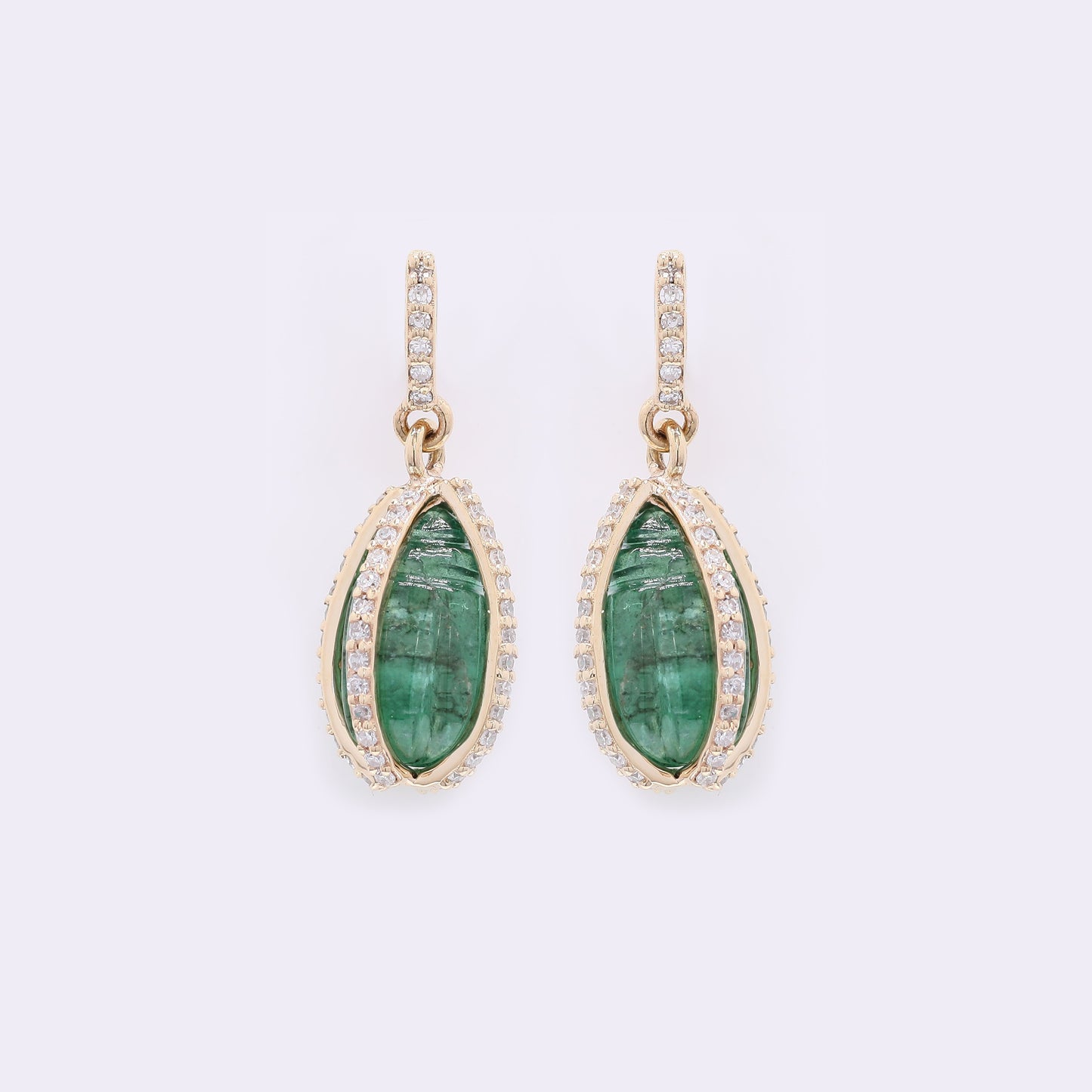 5.44 Ct Drop Carving Natural Emerald 14K Gold Earrings