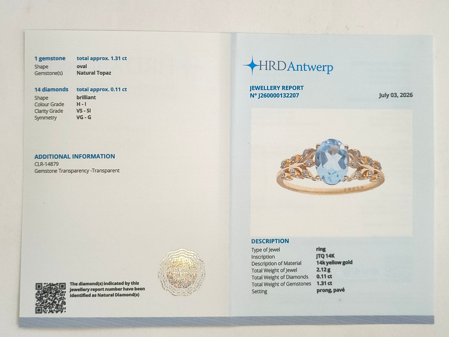 1.42 Ct Oval Natural Topaz 14K Gold Ring