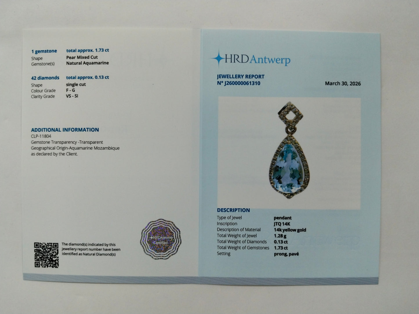 1.86 Ct Pear Mixed Cut Natural Aquamarine 14K Gold Pendant