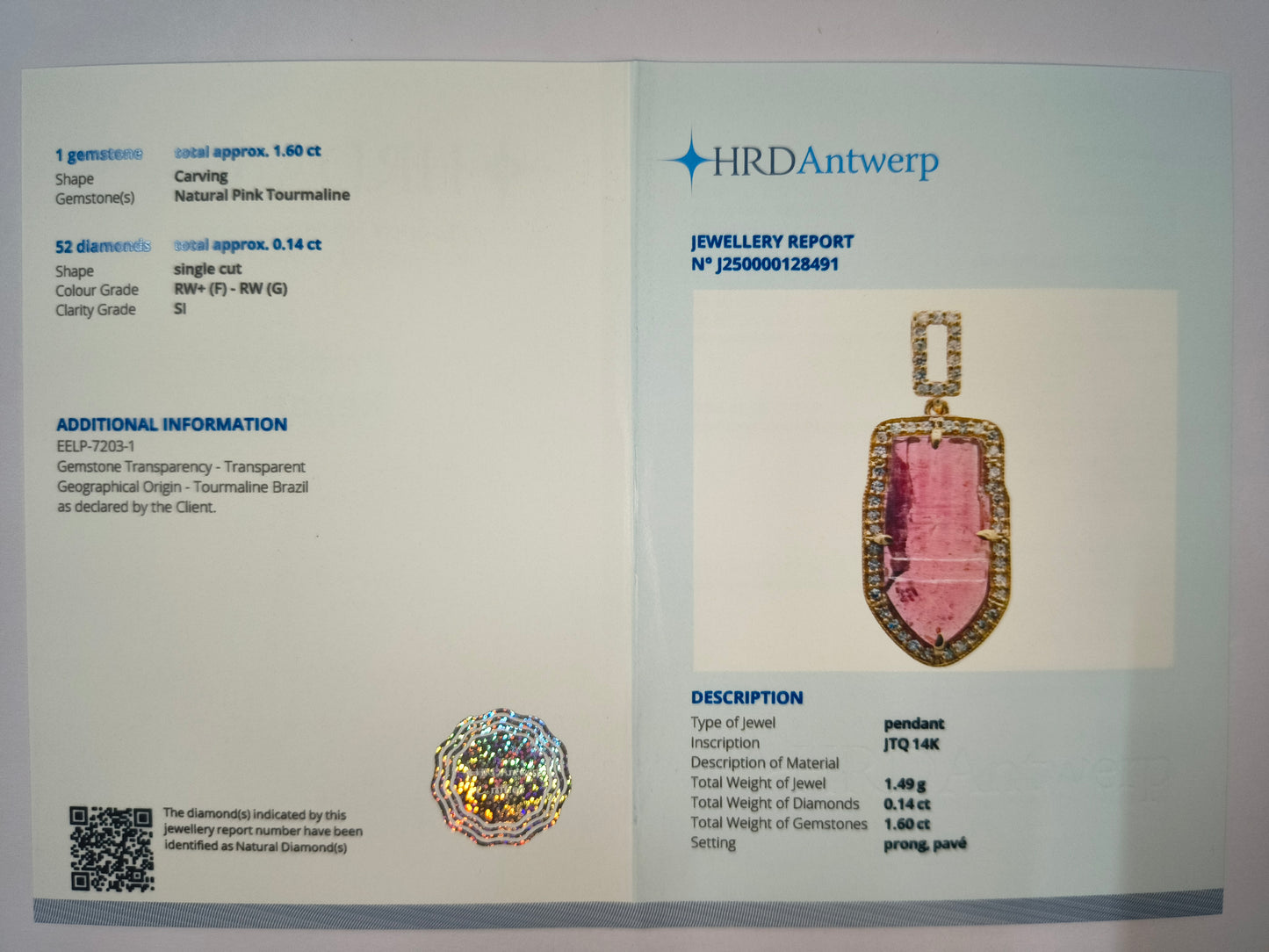 1.74 Ct Fancy Natural Tourmaline 14K Gold Pendant