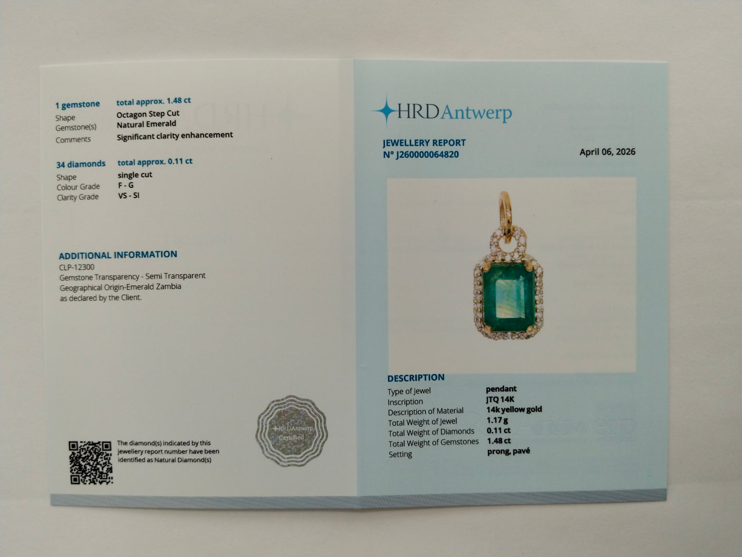 1.59 Ct Octagon Step Cut Natural Emerald 14K Gold Pendant