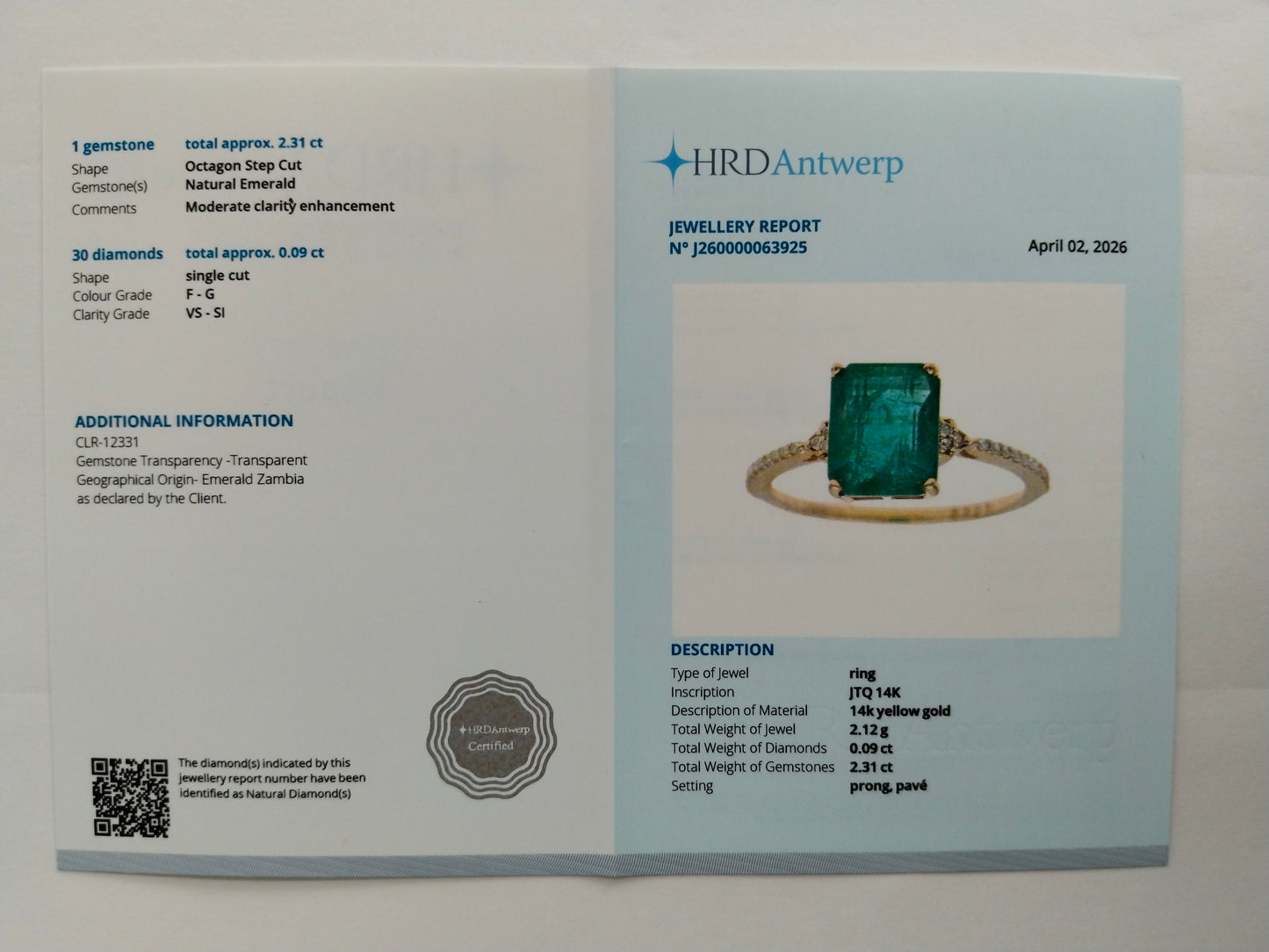 2.40 Ct Octagon Step Cut Natural Emerald 14K Gold Ring