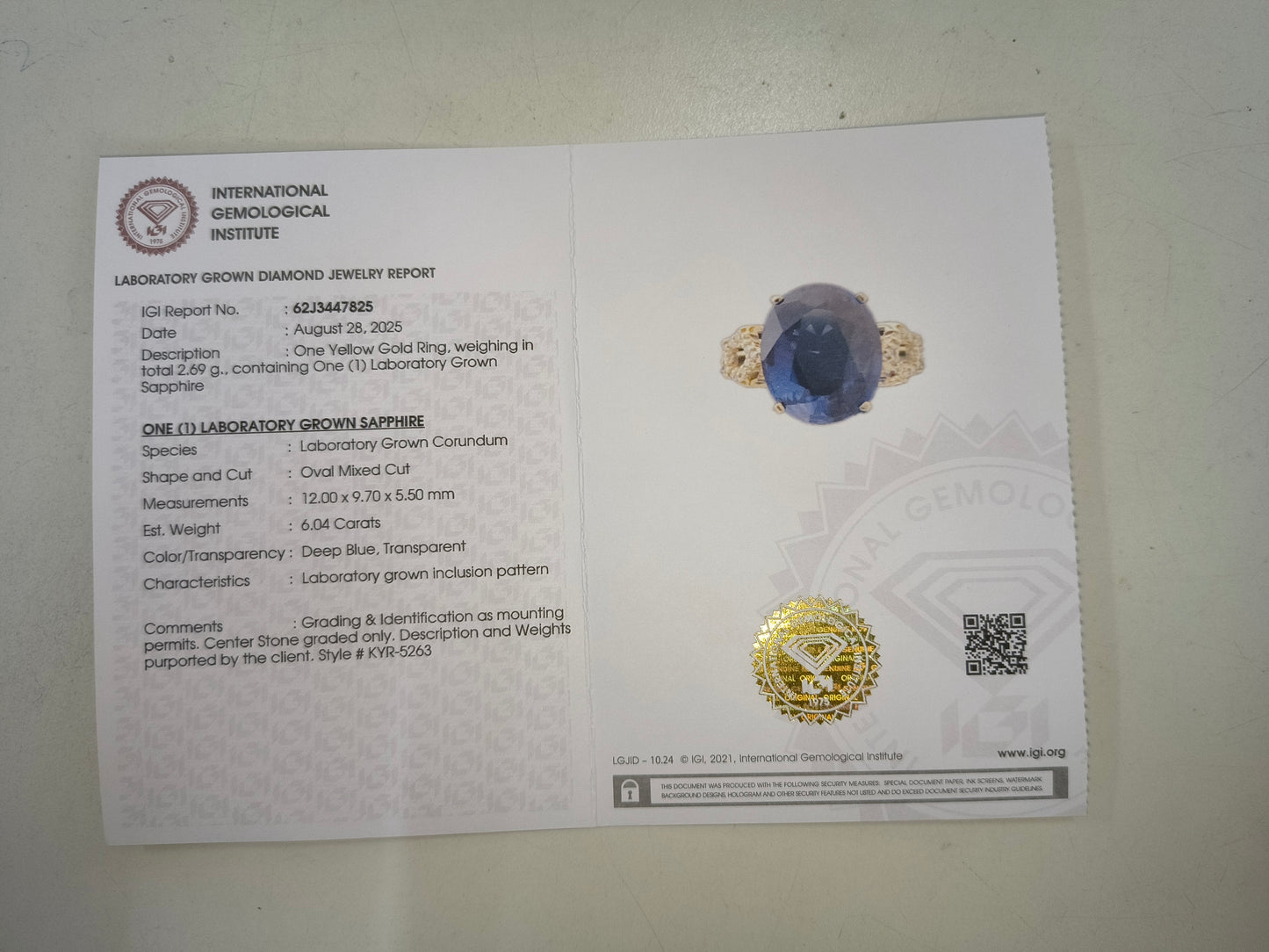 6.10 Ct Oval Mixed Cut Lab Grown Sapphire 14K Gold Ring