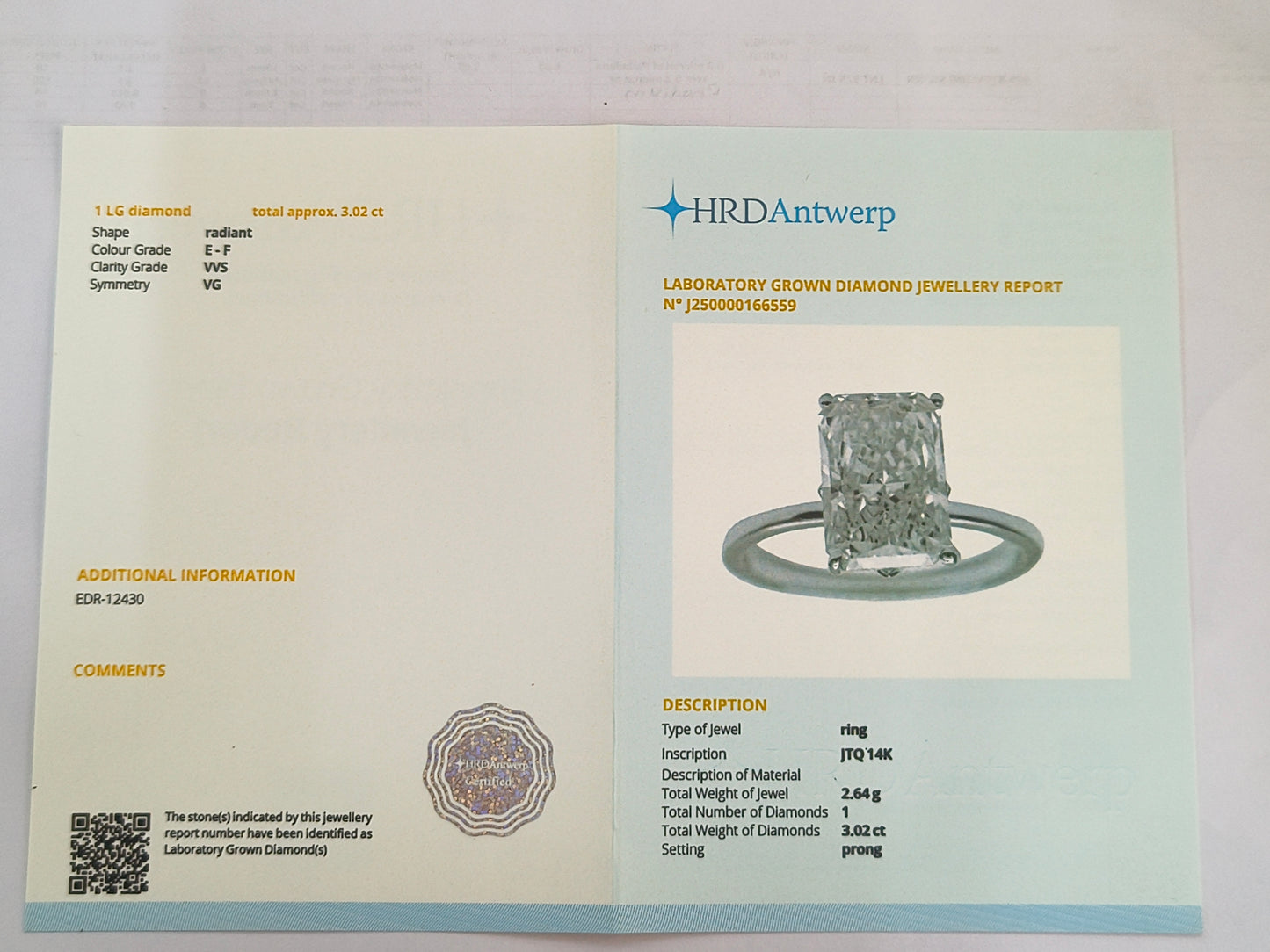 3.02 Carats Lab Grown Diamond 14K Gold Ring