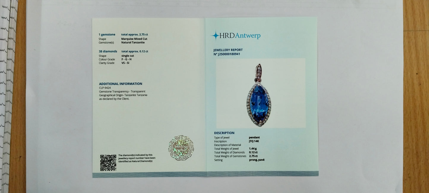 2.87 Ct Marquise Mixed Cut Natural Tanzanite 14K Gold Pendant