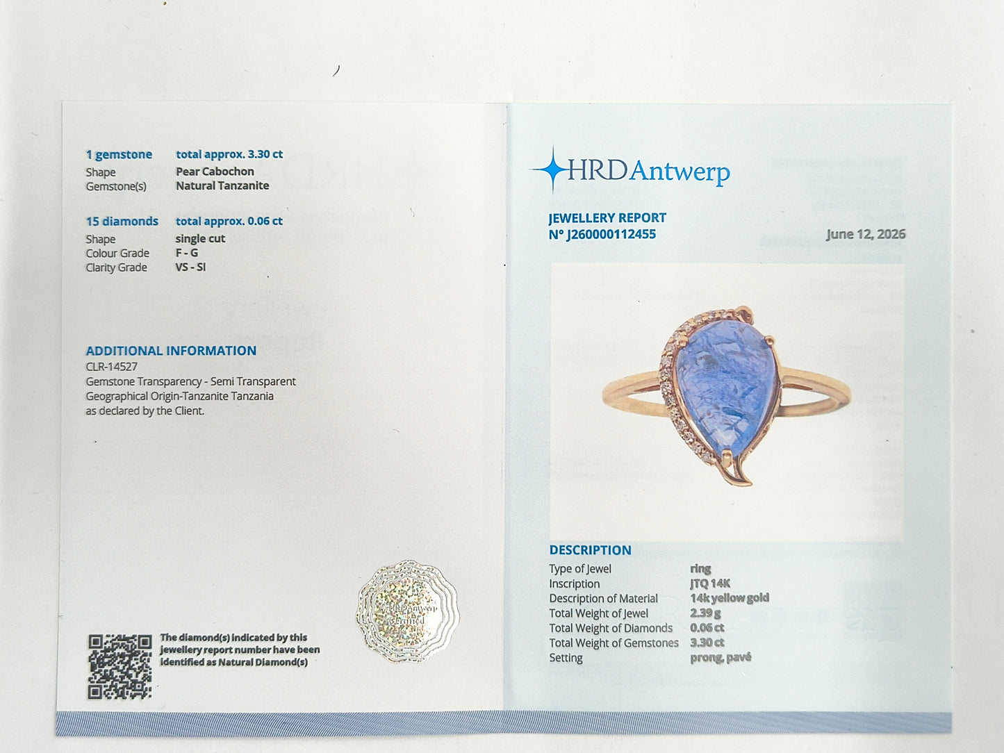 3.36 Ct Pear Cabochon Natural Tanzanite 14K Gold Ring
