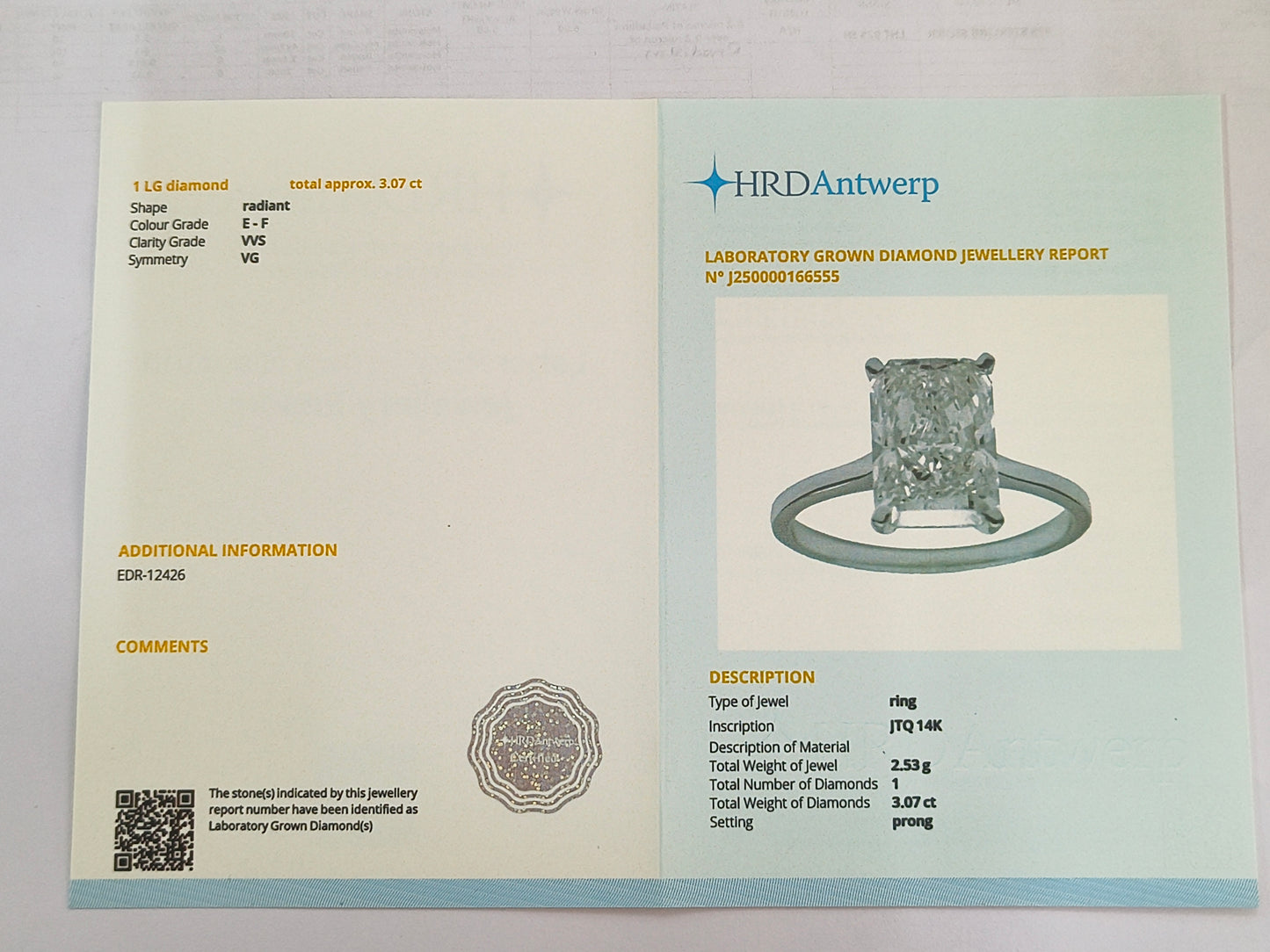 3.07 Carats Lab Grown Diamond 14K Gold Ring