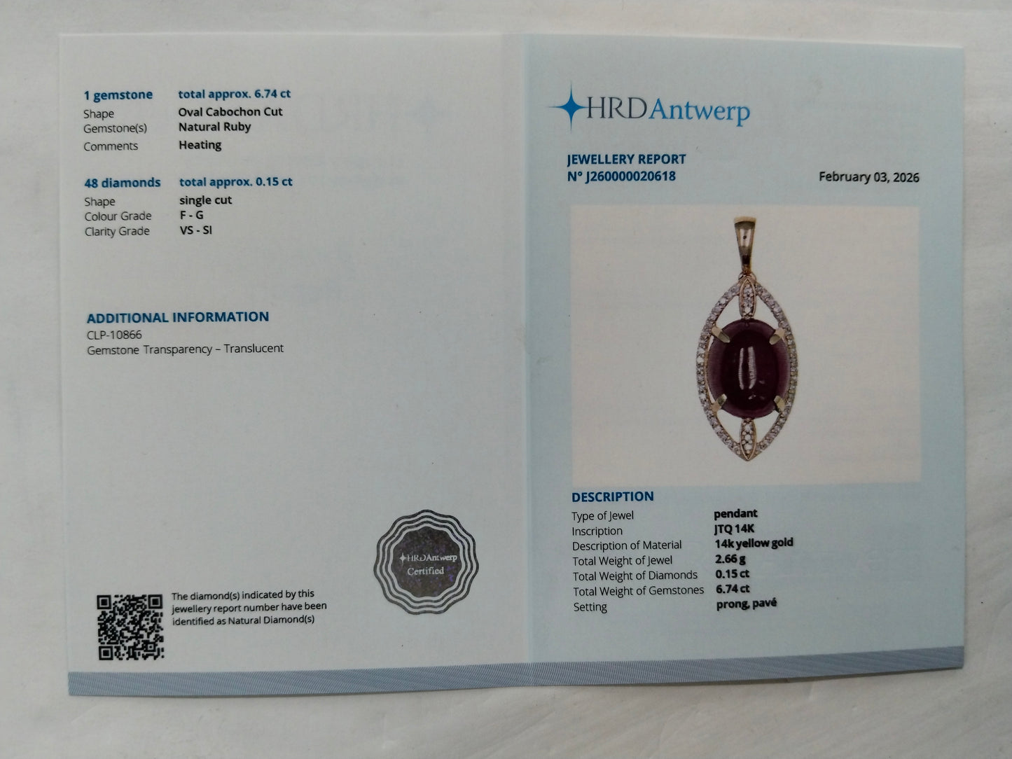 6.89 Ct Oval Cabochon Cut Natural Ruby 14K Gold Pendant