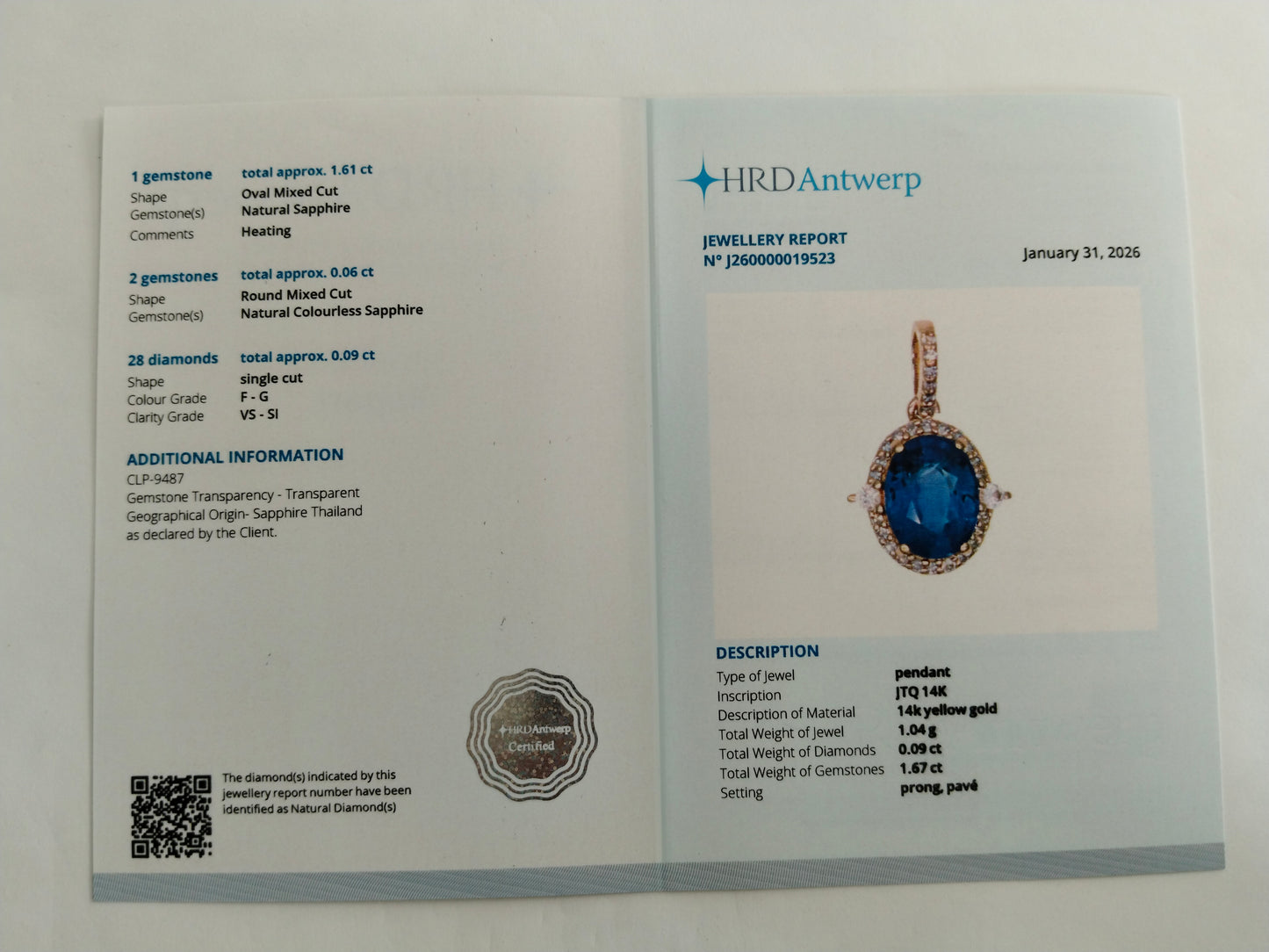 1.76 Ct Oval Mixed Cut Natural Sapphire 14K Gold Pendant