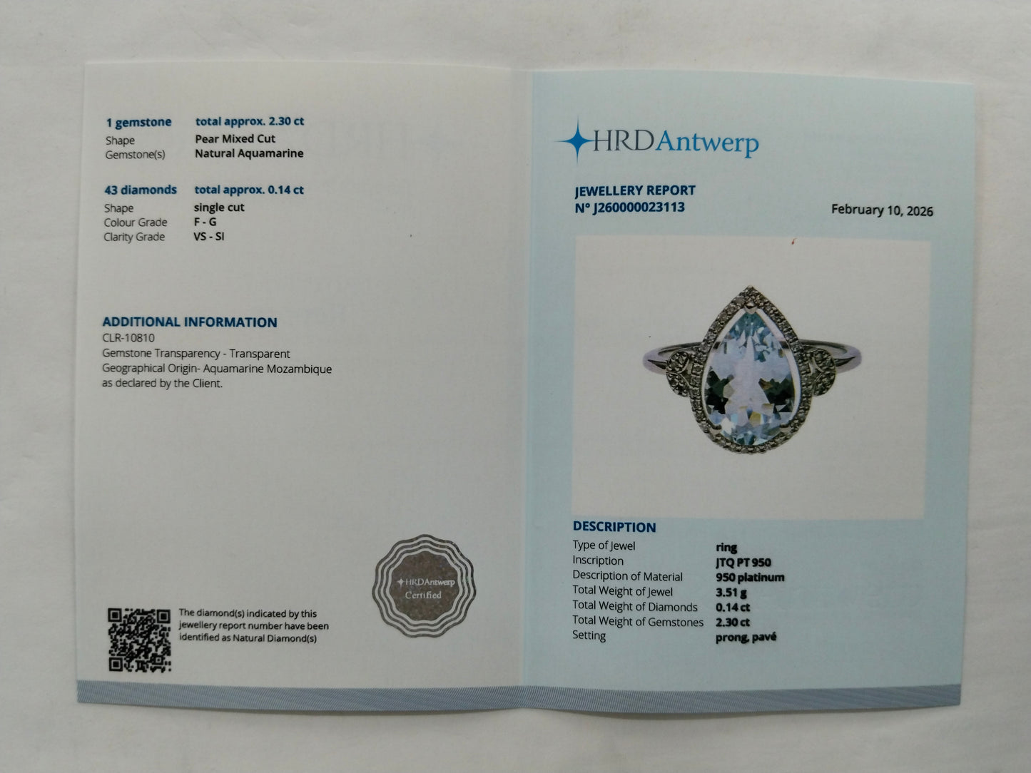 2.44 Ct Pear Mixed Cut Natural Aquamarine 950 Platinum Ring