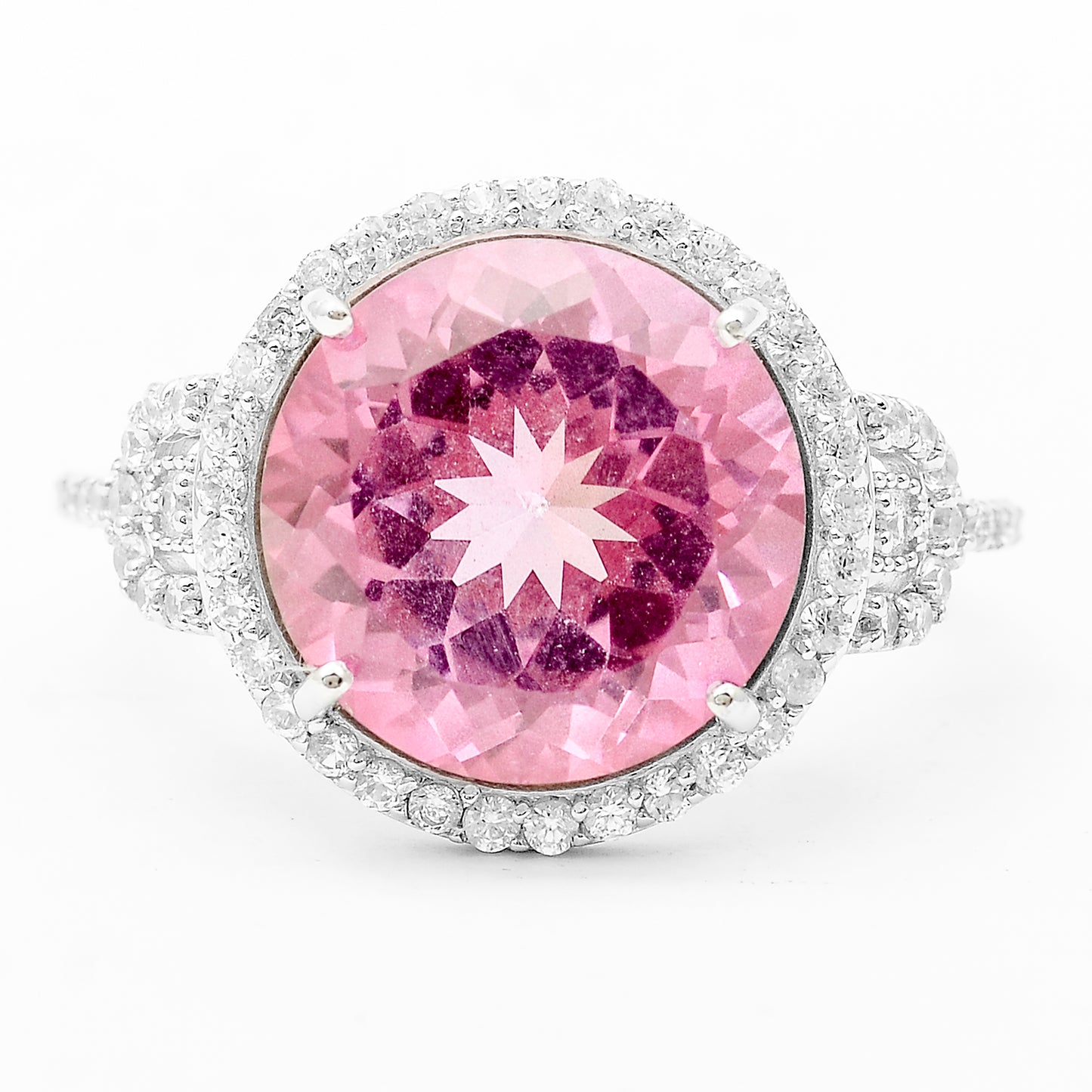 9.35 Ct Round Pink Topaz, White Zircon 925 Sterling Silver Ring