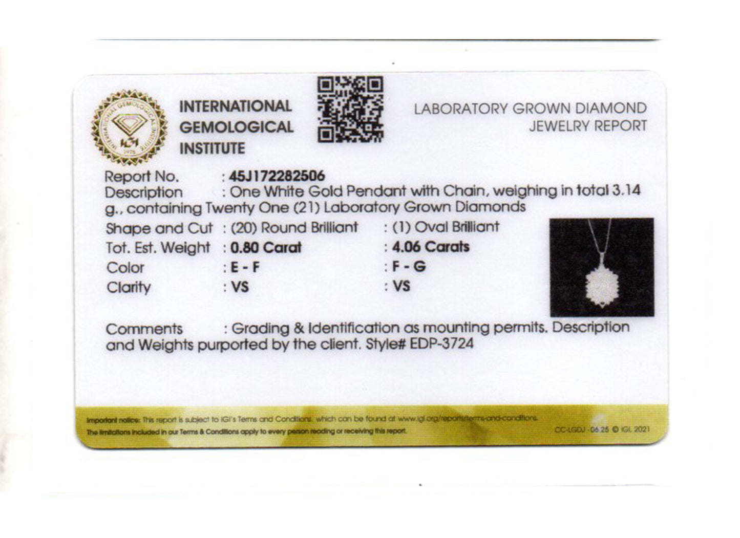 4.86 Carats Lab Grown Diamond 14K Gold Pendant