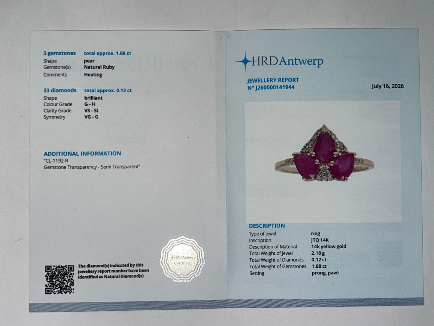 2.00 Ct Pear Natural Ruby 14K Gold Ring