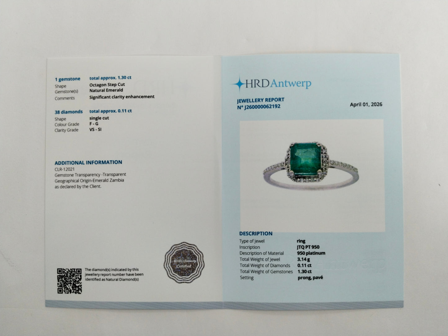 1.41 Ct Octagon Step Cut Natural Emerald 950 Platinum Ring