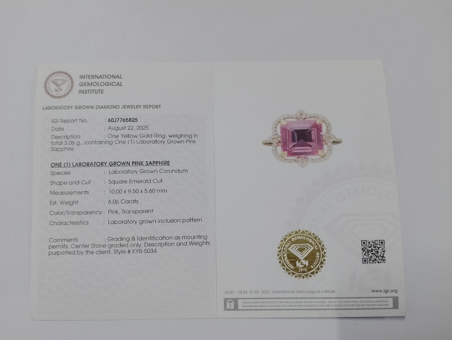 6.28 Ct Square Emerald Cut Lab Grown Pink Sapphire 14K Gold Ring