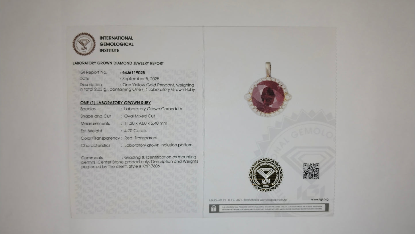 4.89 Ct Oval Mixed Cut Lab Grown Ruby 14K Gold Pendant