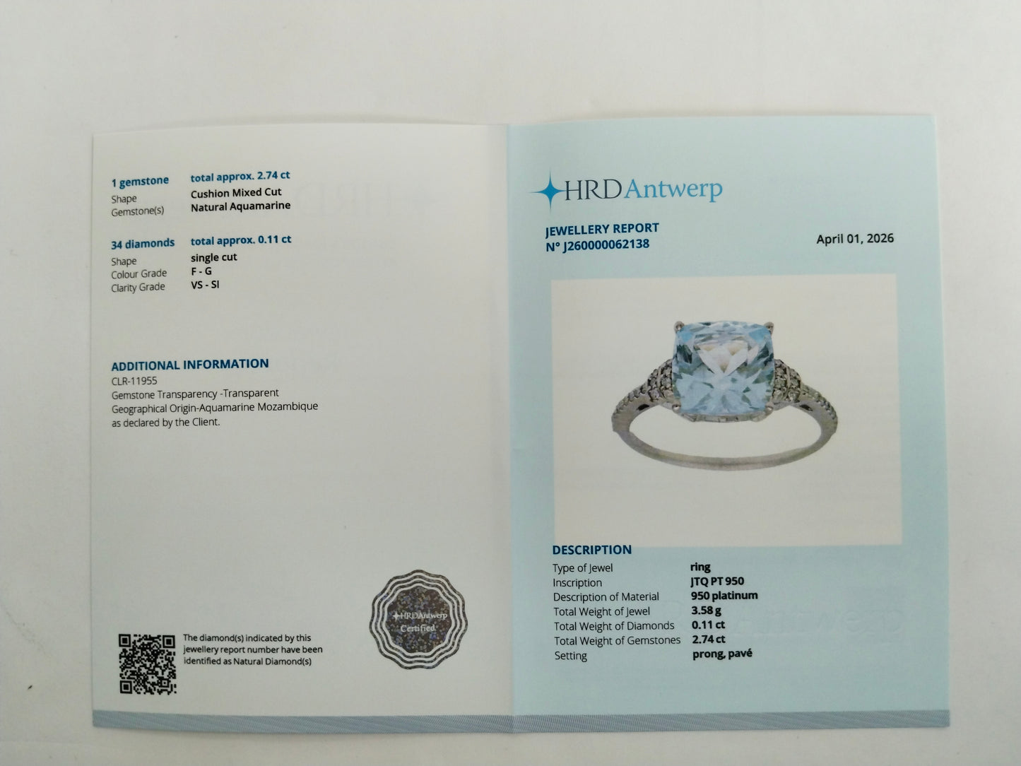 2.85 Ct Cushion Mixed Cut Natural Aquamarine 950 Platinum Ring
