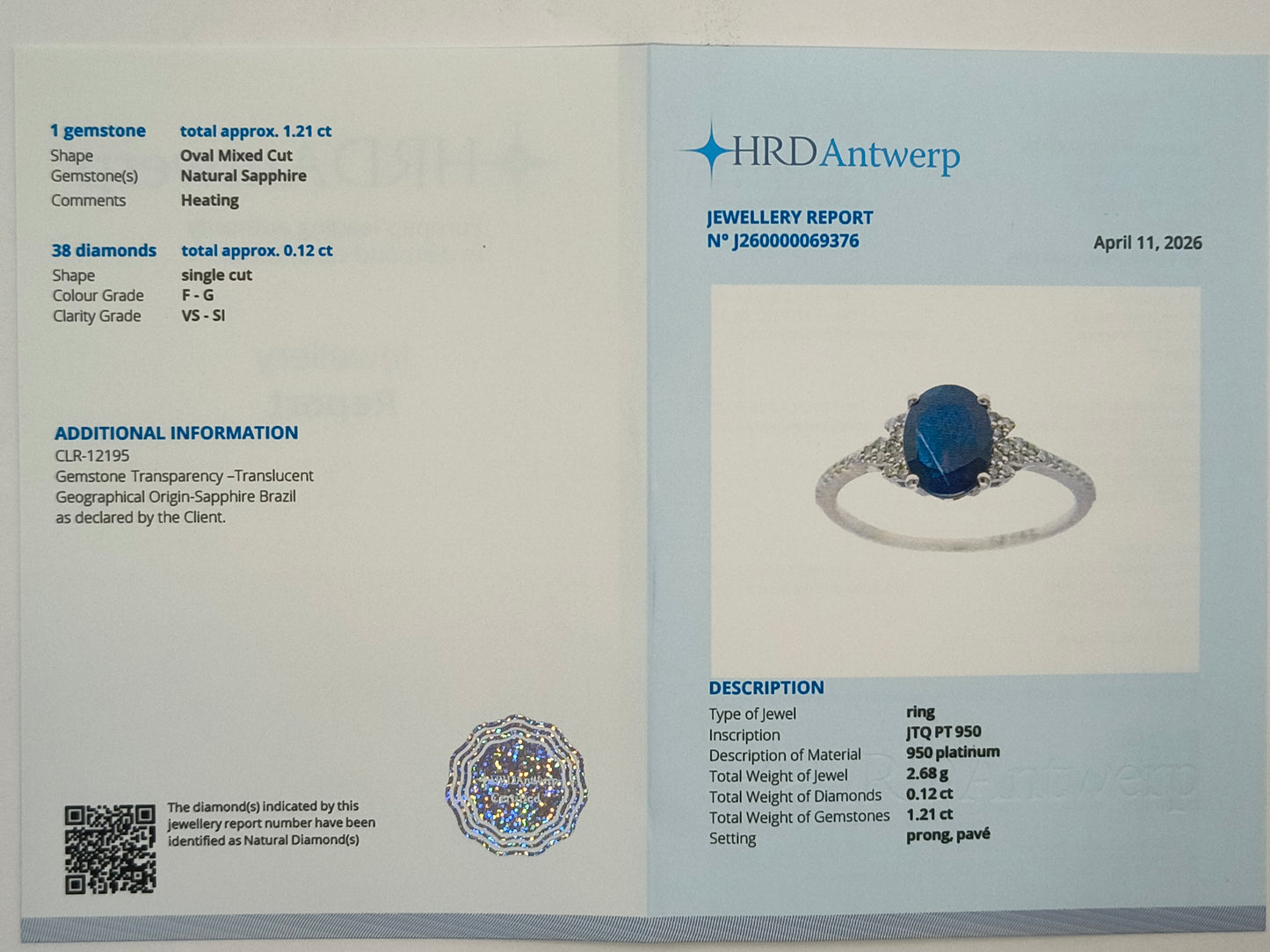 1.33 Ct Oval Mixed Cut Natural Sapphire 950 Platinum Ring