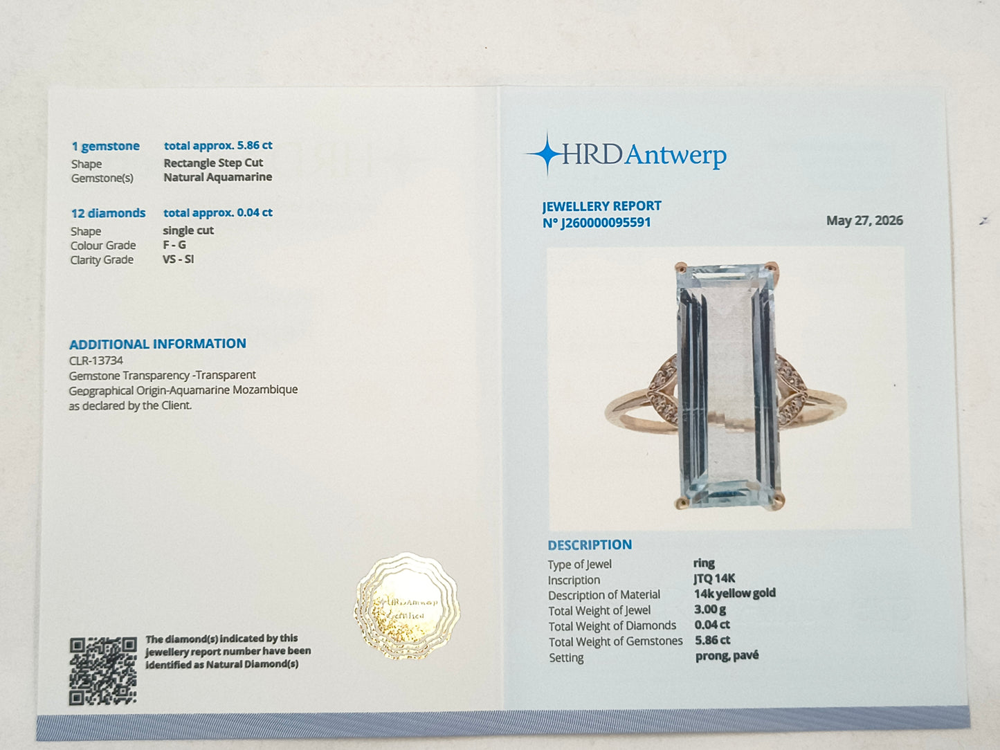 5.90 Ct Rectangle Step Cut Natural Aquamarine 14K Gold Ring
