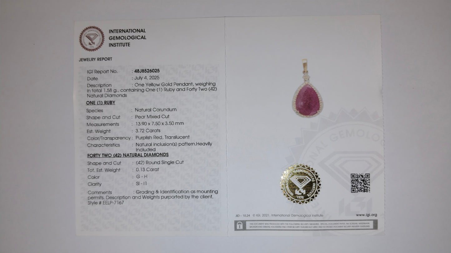 3.85 Ct Pear Mixed Cut Natural Corundum Ruby 14K Gold Pendant