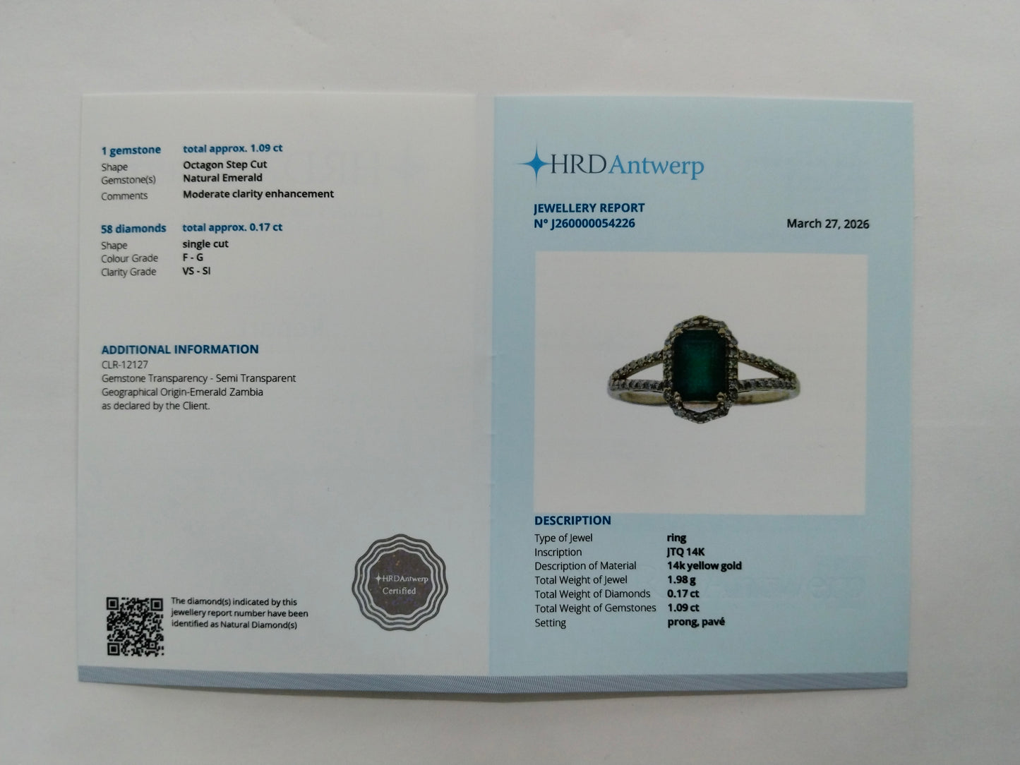 1.26 Ct Octagon Step Cut Natural Emerald 14K Gold Ring