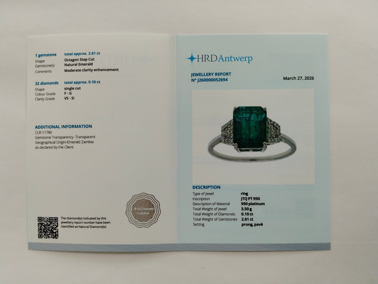 2.71 Ct Octagon Step Cut Natural Emerald 950 Platinum Ring