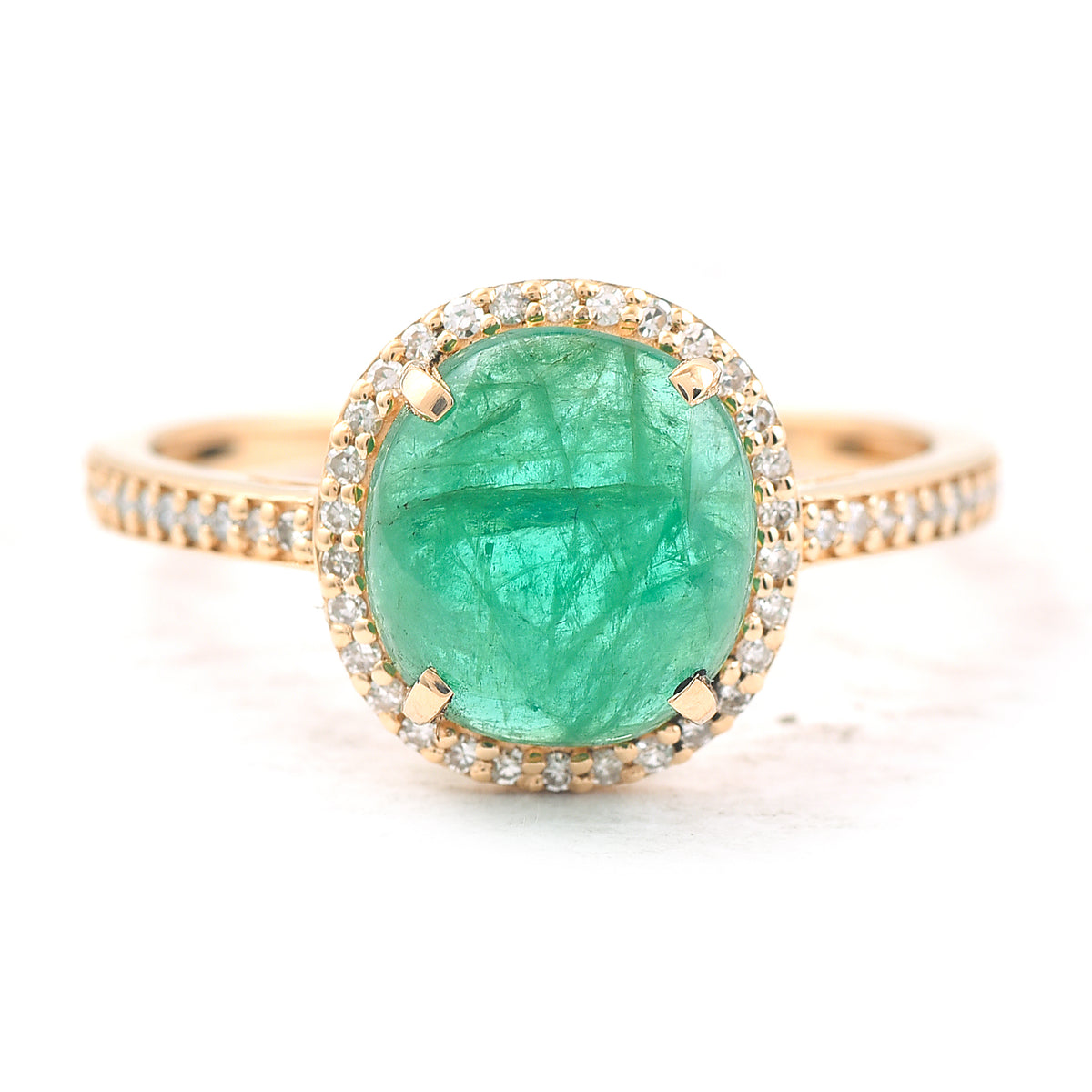 1.96 Ct Oval Cabochon Cut Natural Emerald 14K Gold Ring