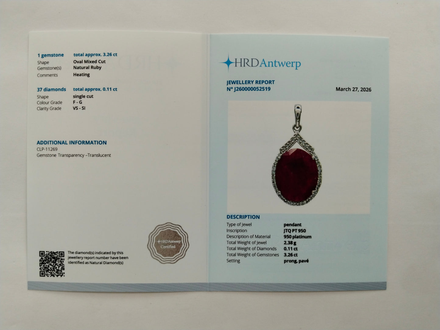 3.37 Ct Oval Mixed Cut Natural Ruby 950 Platinum Pendant