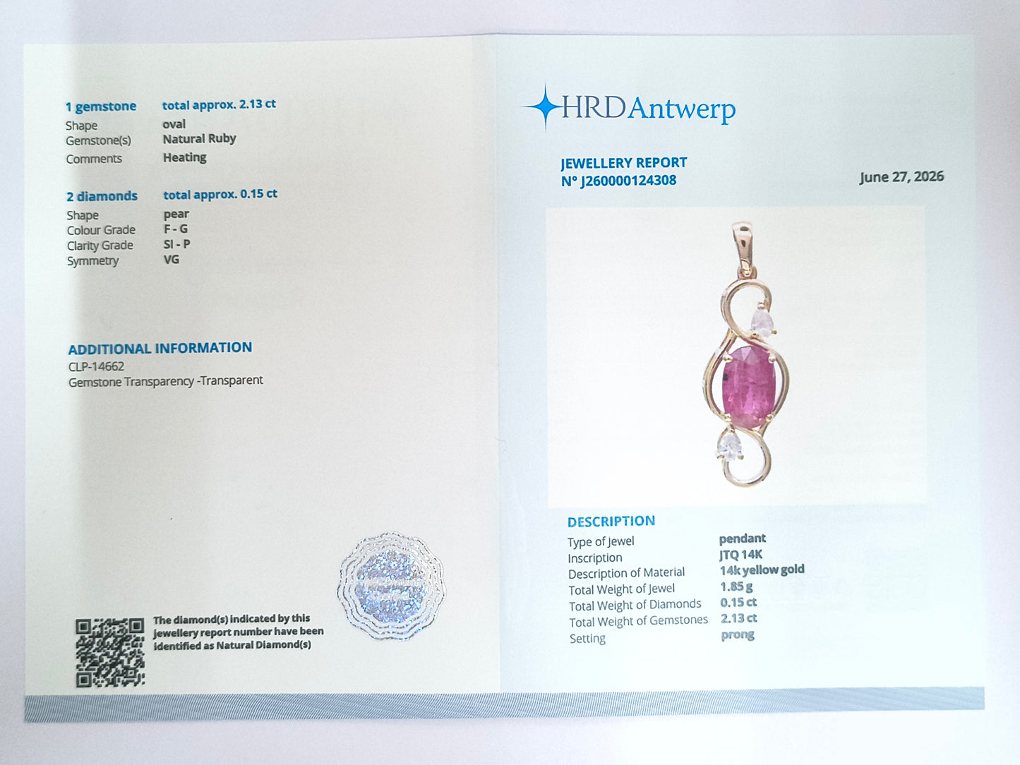 2.28 Ct Oval Natural Ruby 14K Gold Pendant