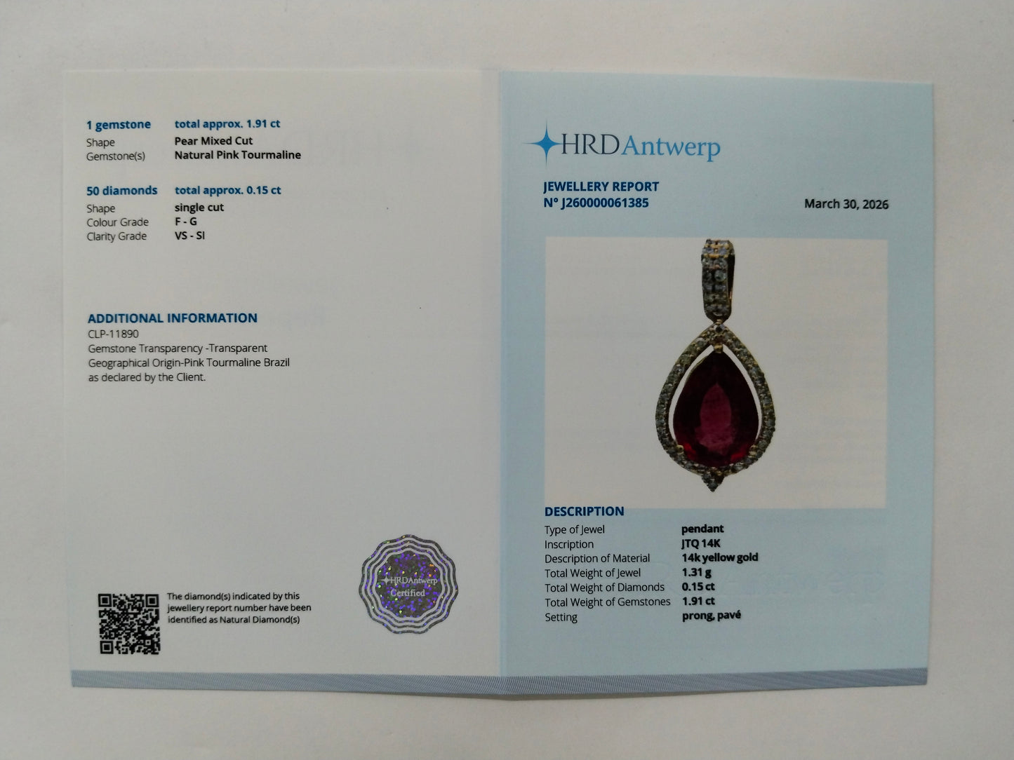 2.06 Ct Pear Mixed Cut Natural Pink Tourmaline 14K Gold Pendant