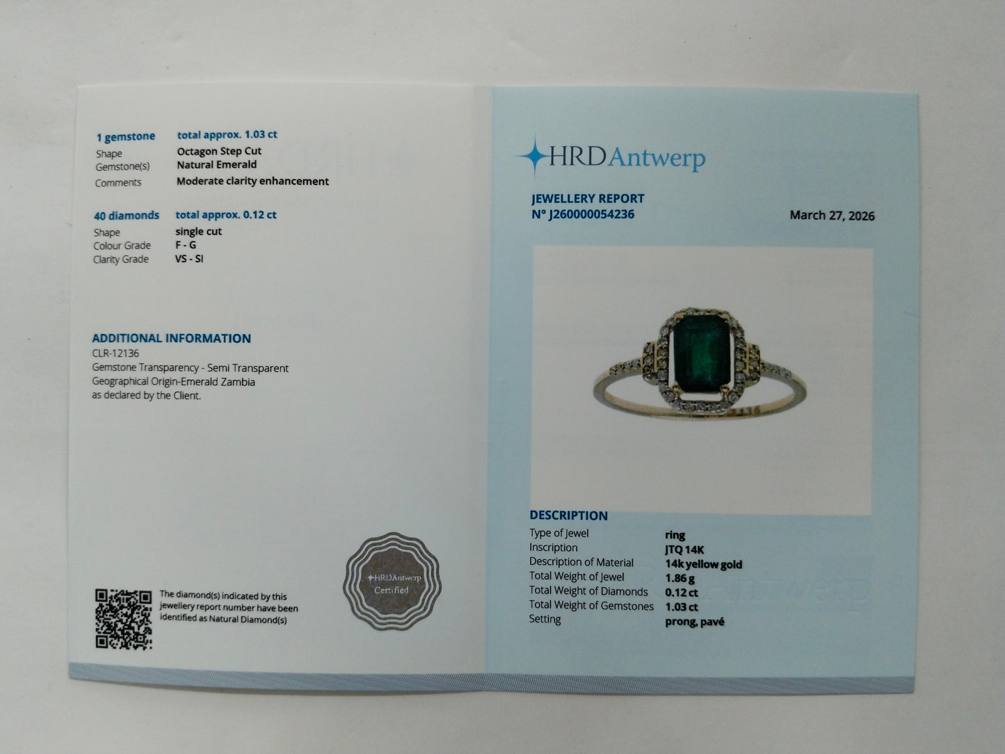 1.15 Ct Octagon Step Cut Natural Emerald 14K Gold Ring