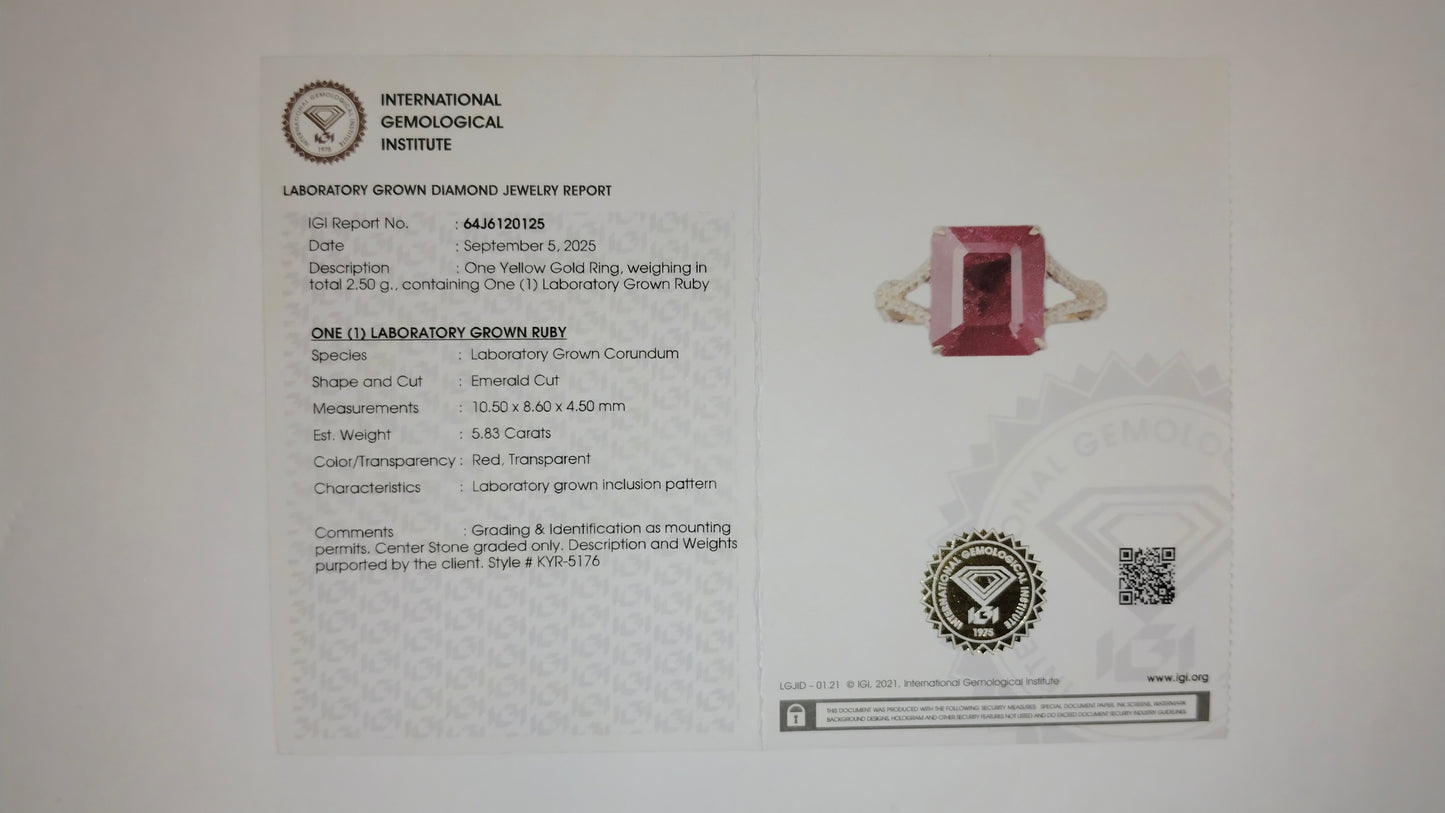 5.94 Ct Emerald Cut Lab Grown Ruby 14K Gold Ring