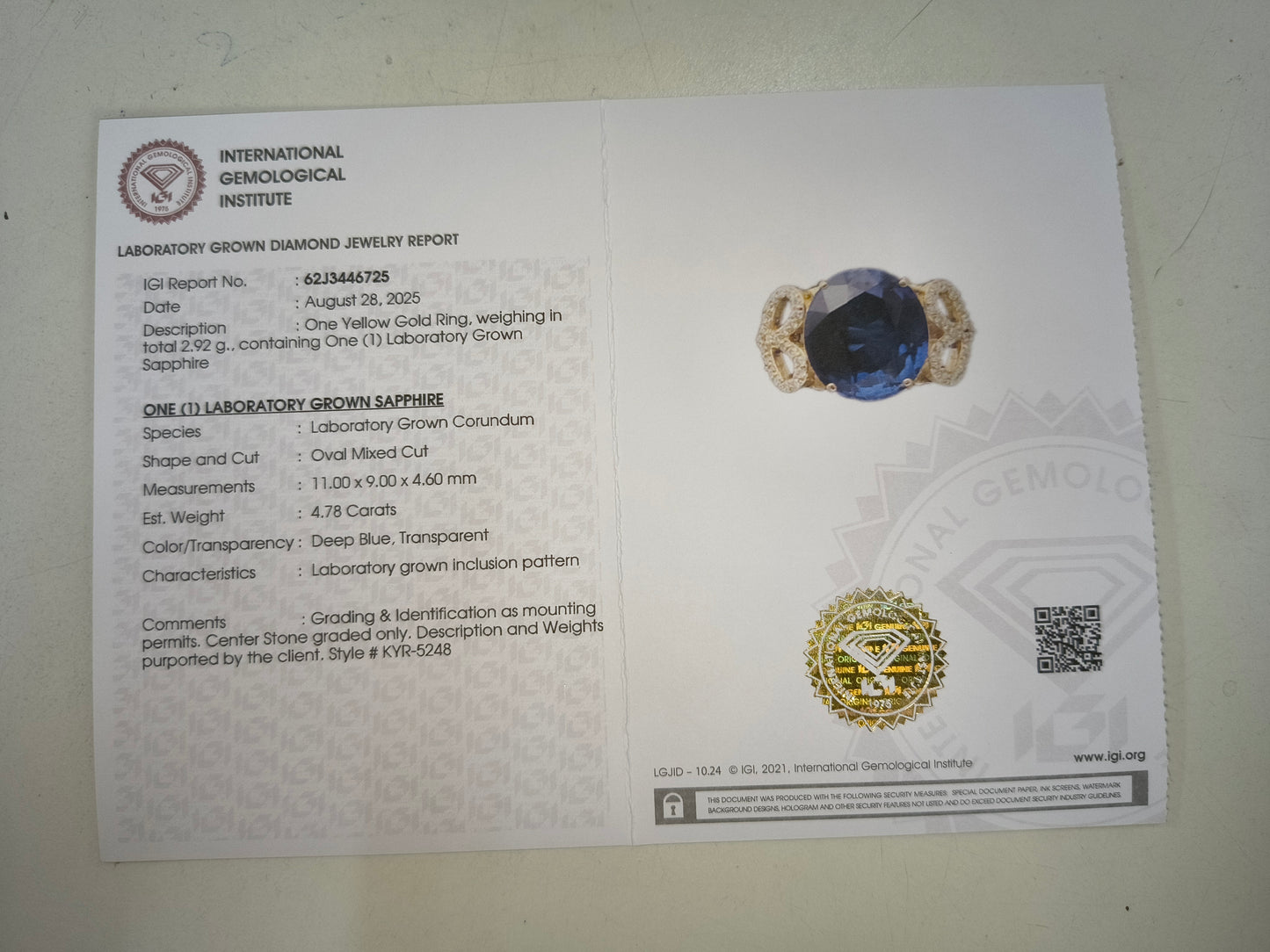 4.94 Ct Oval Mixed Cut Lab Grown Sapphire 14K Gold Ring