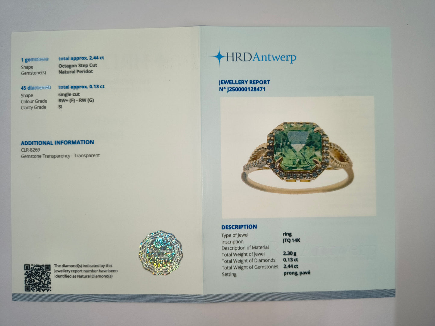 2.57 Ct Octagon Natural Eridot 14K Gold Ring
