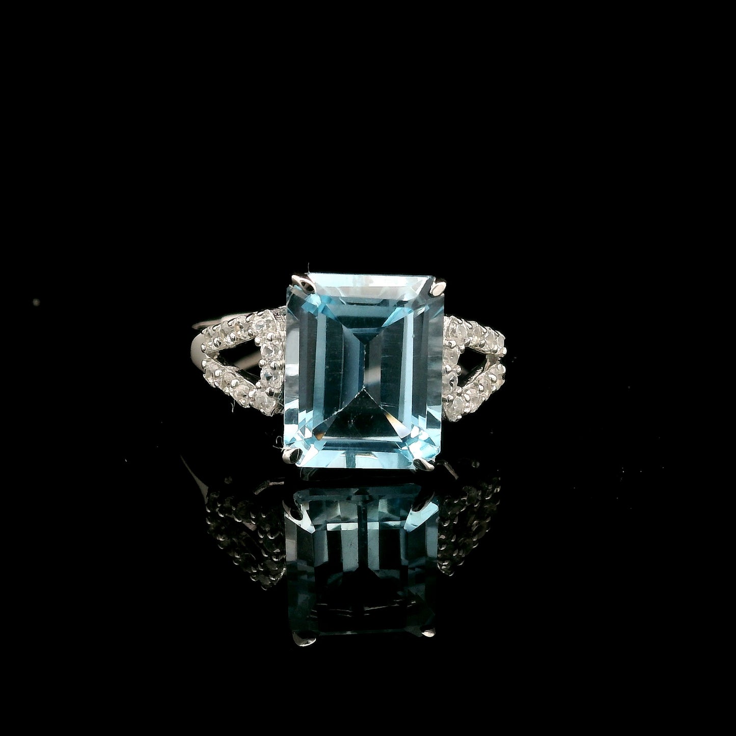4.33 Ct Octagon Blue Topaz, White Zircon 925 Sterling Silver Ring