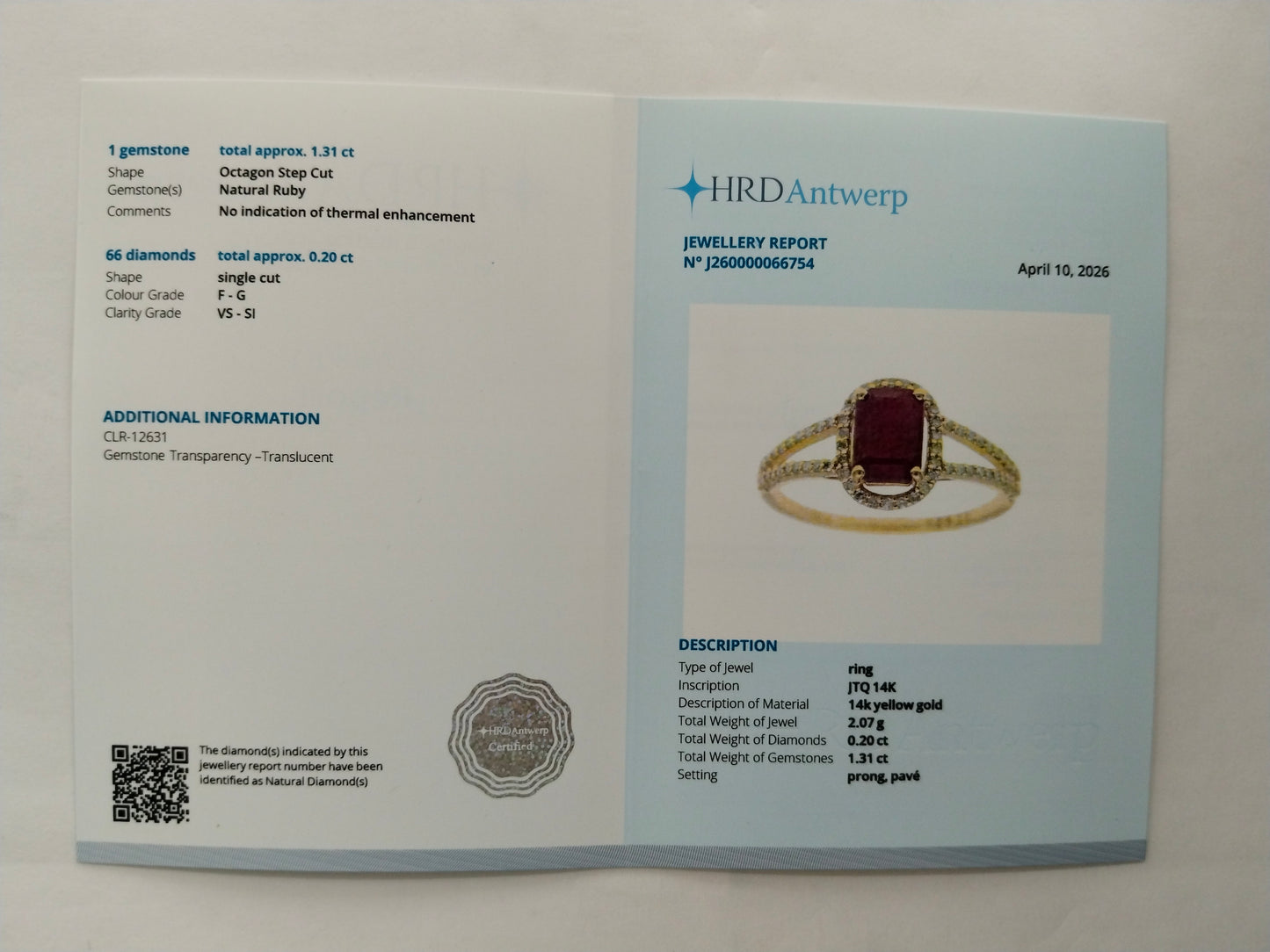 1.51 Ct Octagon Step Cut Natural Ruby 14K Gold Ring