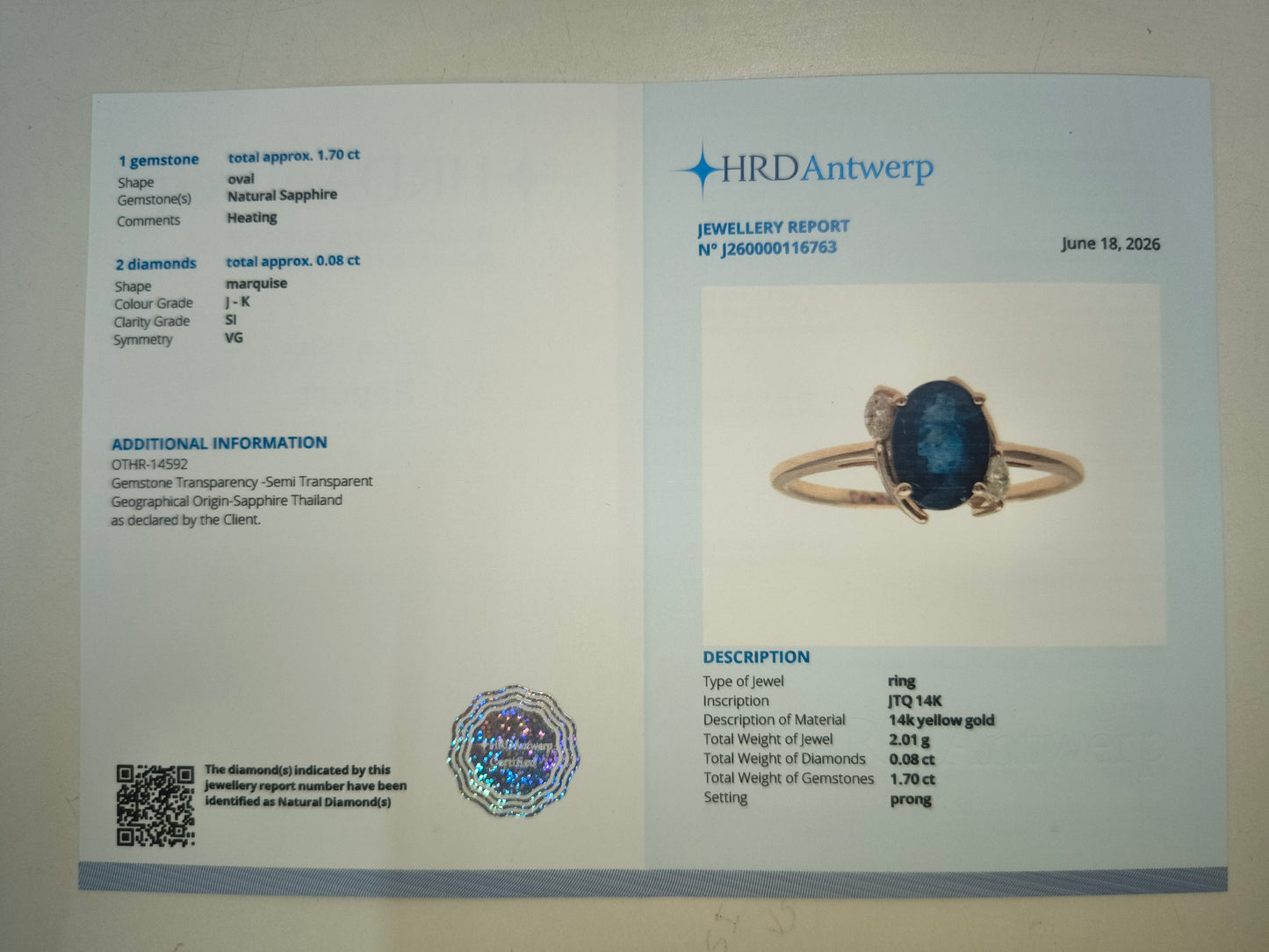 1.78 Ct Oval Natural Sapphire 14K Gold Ring