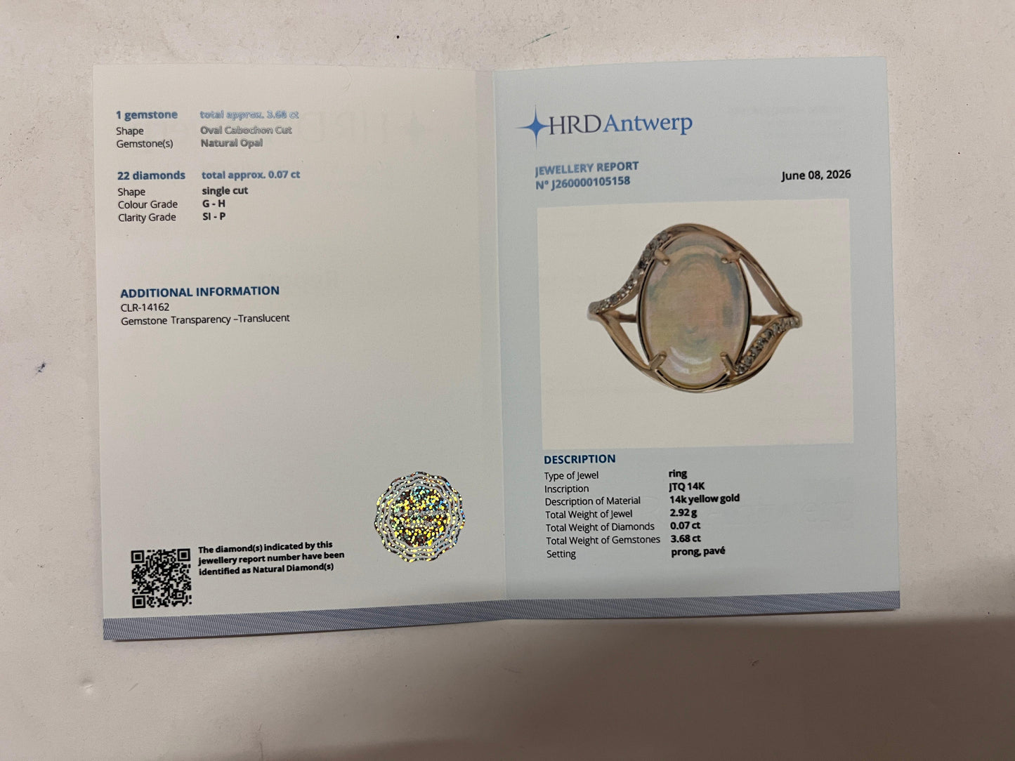 3.75 Ct Oval Cabochon Cut Natural Opal 14K Gold Ring