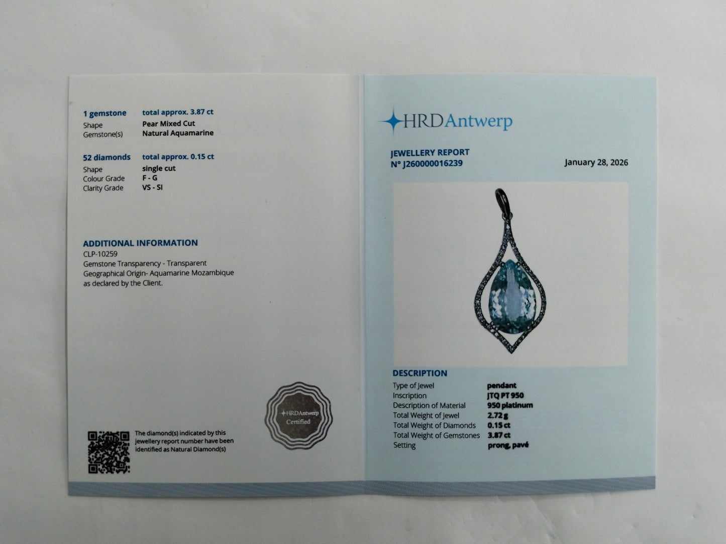4.02 Ct Pear Mixed Cut Natural Aquamarine 950 Platinum Pendant